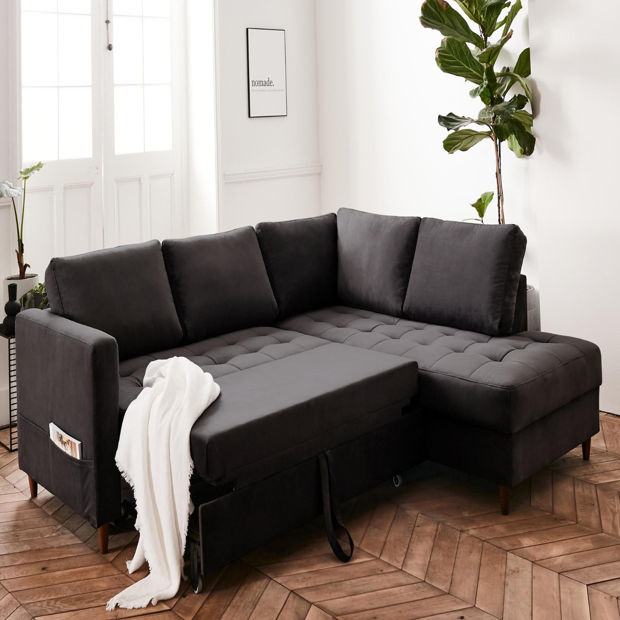 Voir la diapositive 3 : BEST MOBILIER Anna - canapé d'angle droit - 5 places - convertible - en velours