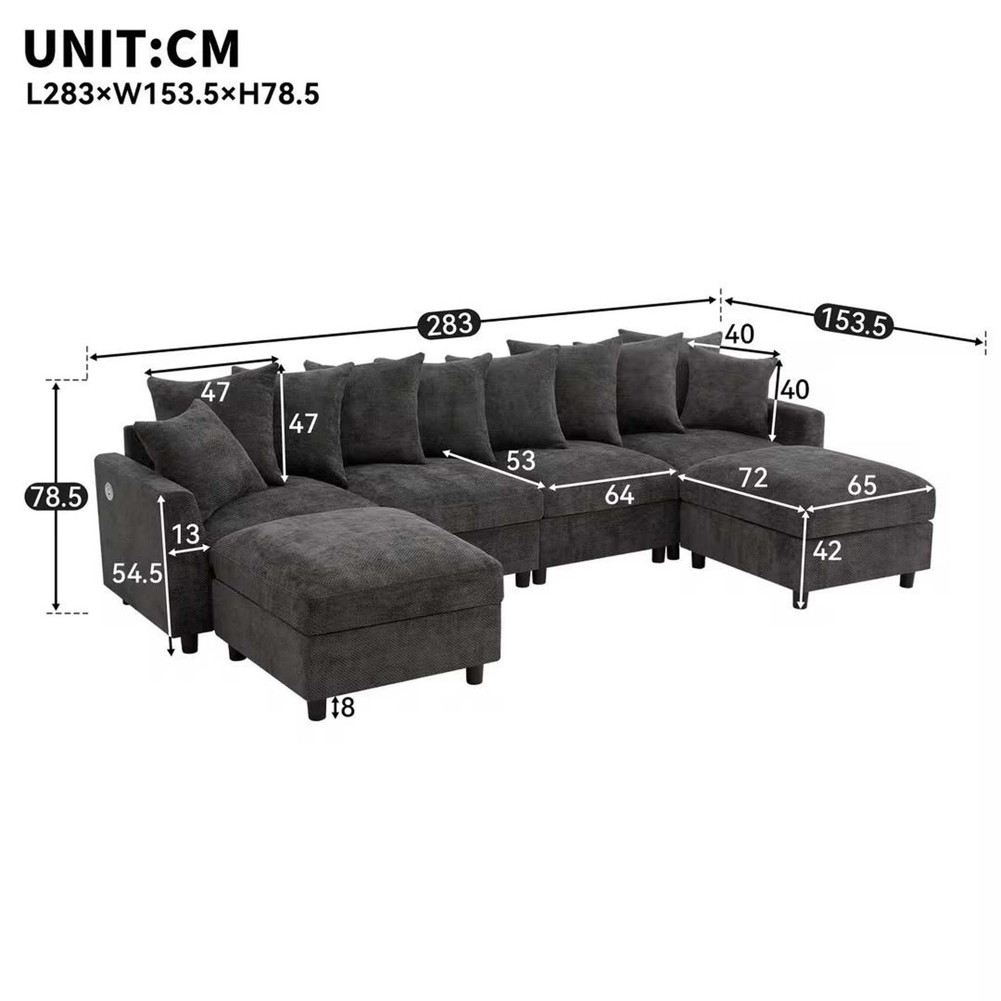 Voir la diapositive 3 : MERAX Canapé d'angle modulable 6 places u/l avec 2 poufs usb type-c tissu chenille