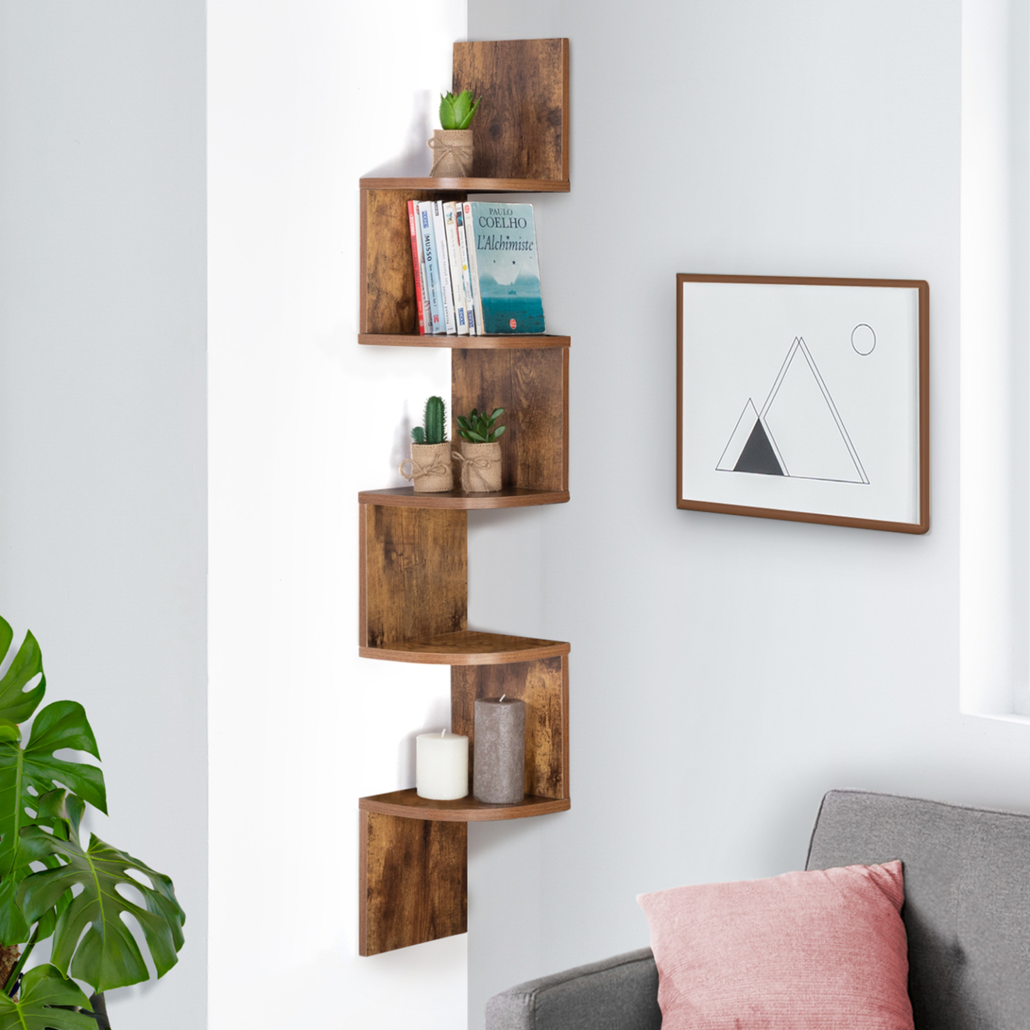 Voir la diapositive 2 : ID MARKET Etagère murale d'angle isa 5 niveaux façon bois vieilli
