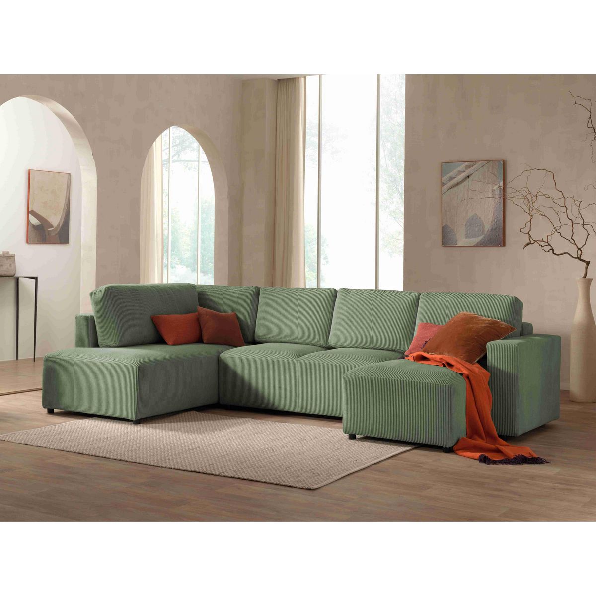 LISA DESIGN Livy - canapé panoramique convertible - avec coffre - en velours côtelé - 7 places - gauche