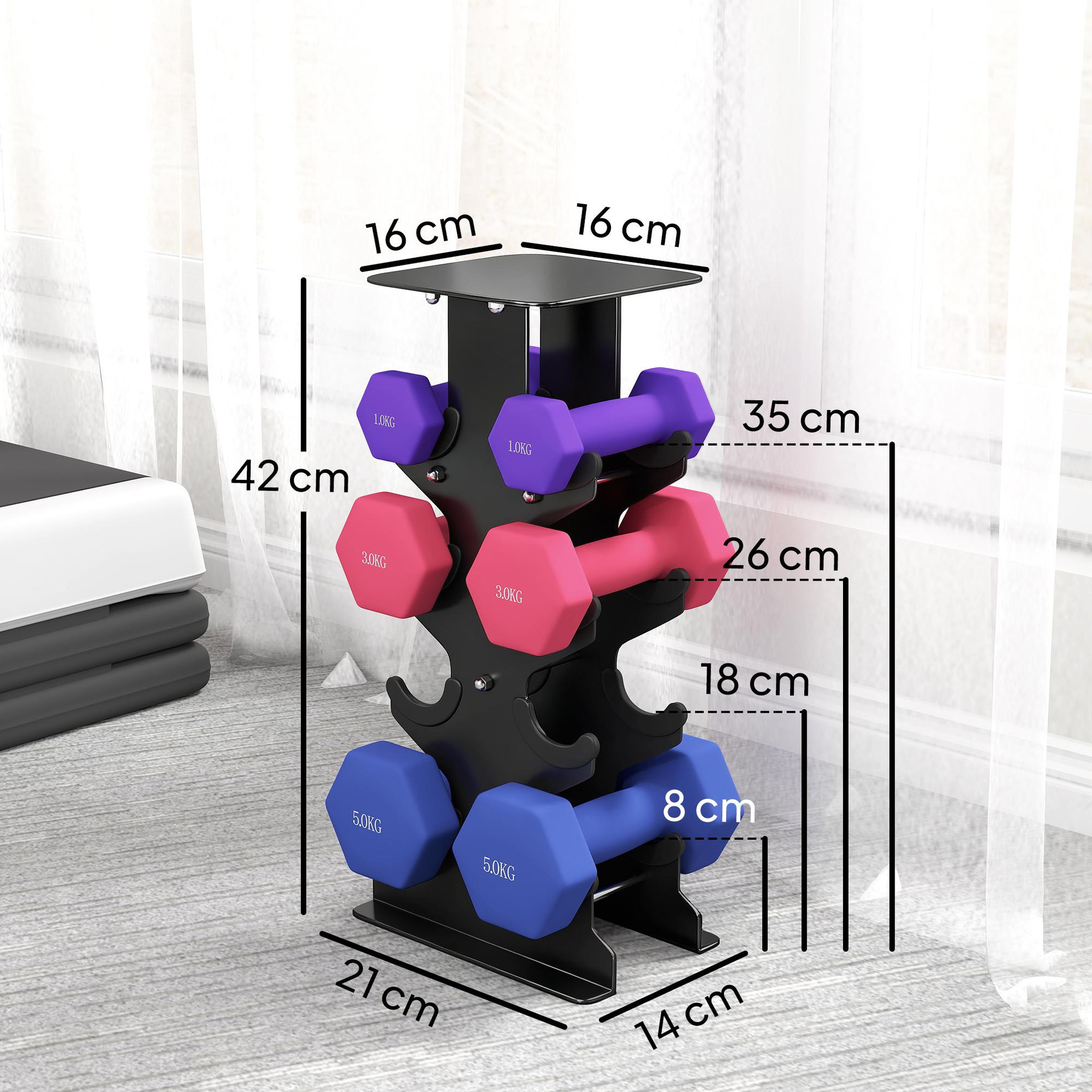 Voir la diapositive 3 : HOMCOM Support noir pour 6 haltères vinyles - 6 haltères incluses total 18 kg - noir rose bleu violet