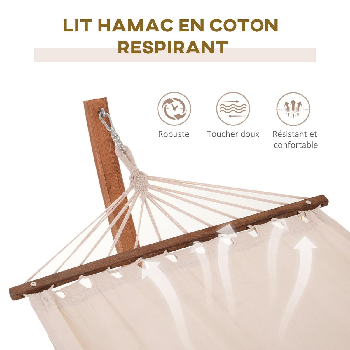 OUTSUNNY Hamac avec support bois lasuré hamac sur pied 4 cordes de sécurité charge max. 120 Kg coton blanc
