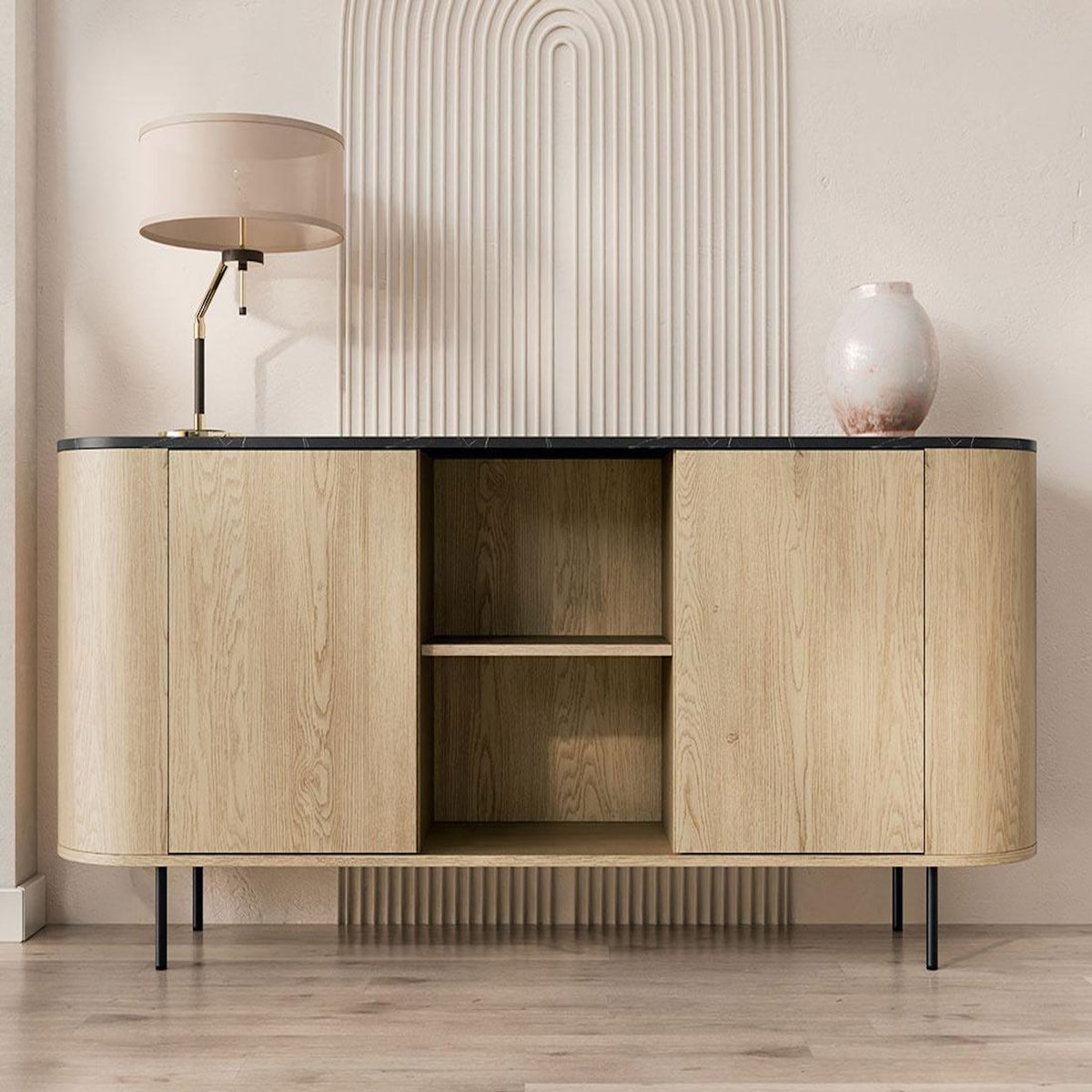 BEST MOBILIER Sansa - buffet bas 184 cm - 2 portes, 2 niches et 2 étagères - plateau effet marbre