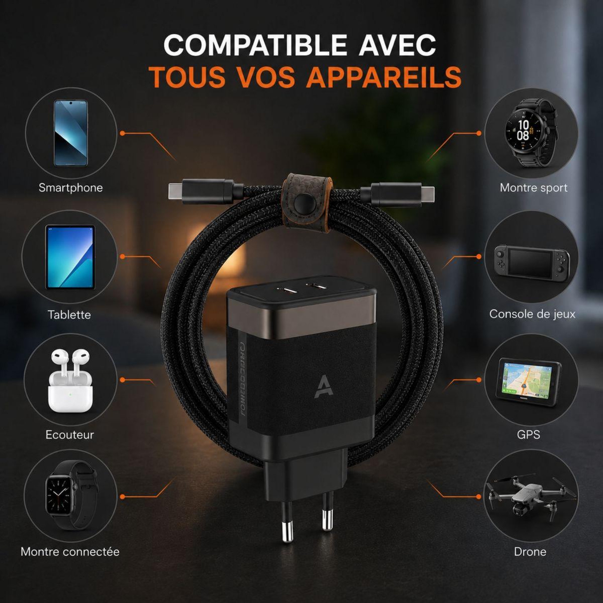 Voir la diapositive 3 : ADEQWAT Chargeur ordinateur portable 65w 2 usb-c + cable usb-c 2m - noir
