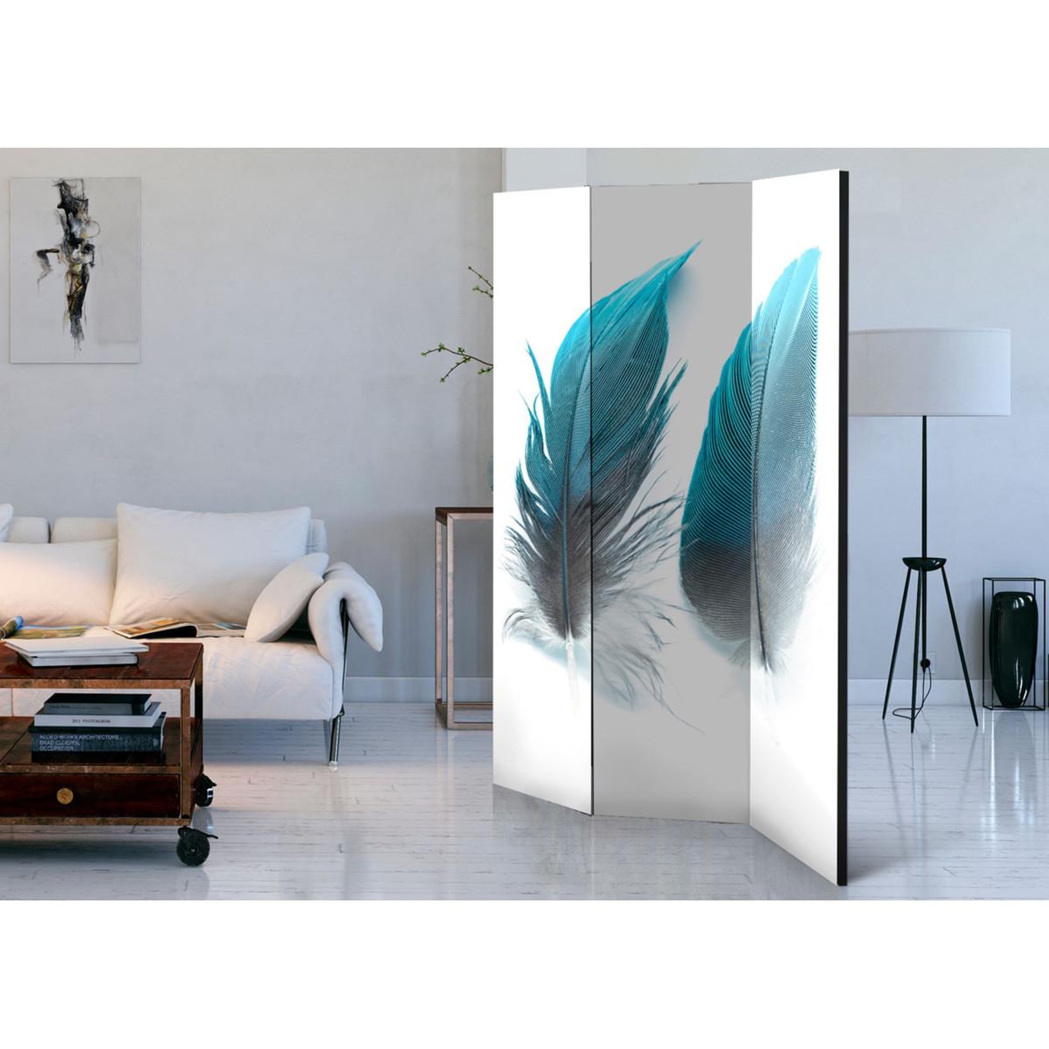 Voir la diapositive 2 : Paris Prix Paravent 3 volets  blue feathers  135x172cm