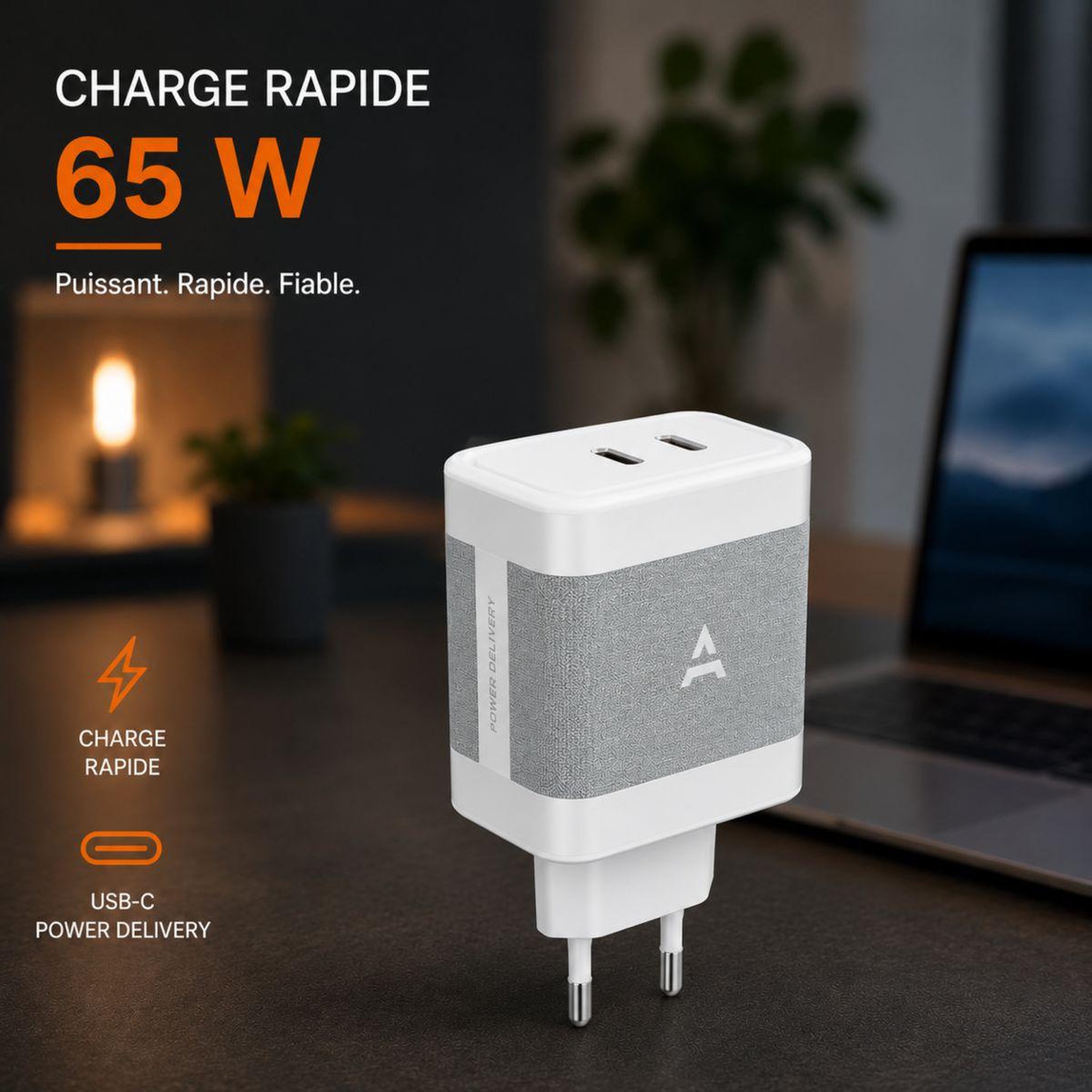 Voir la diapositive 2 : ADEQWAT Chargeur ordinateur portable 65w charge rapide 2 usb-c
