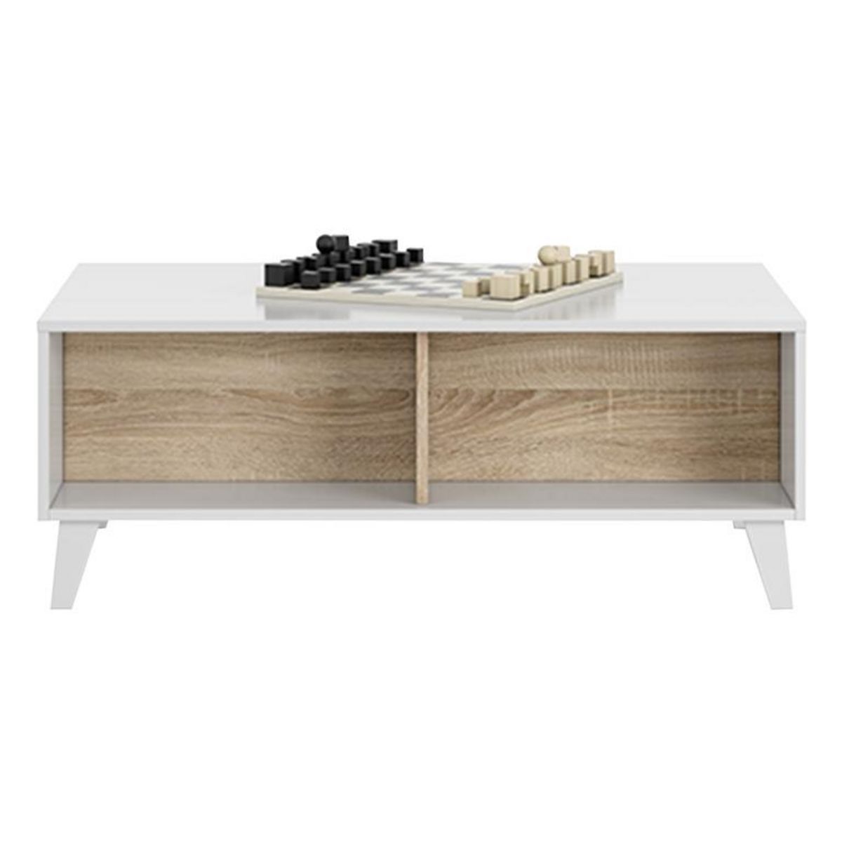 Table basse avec plateau central relevable ZAI, blanc brillant et chêne