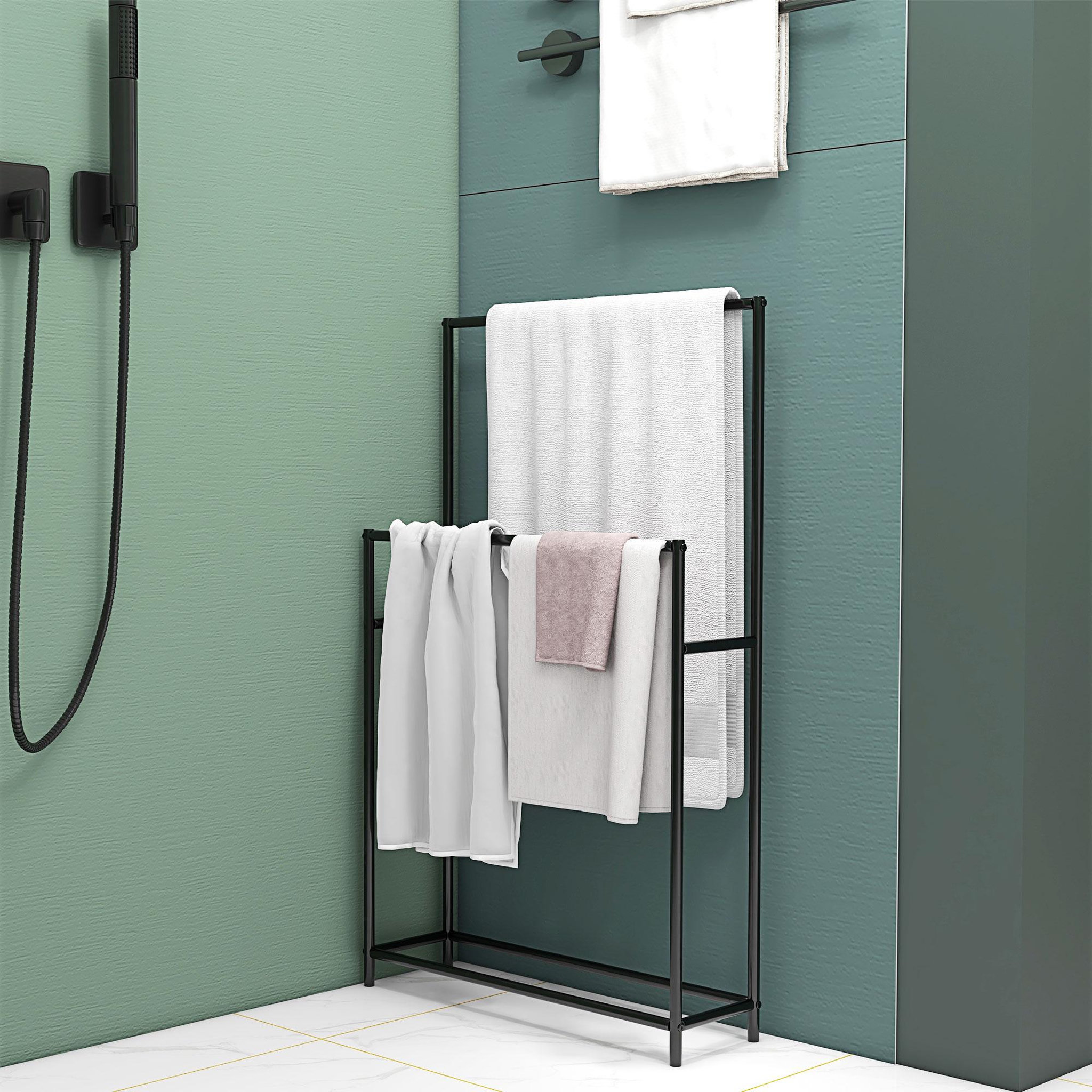 Voir la diapositive 6 : HOMCOM Porte-serviettes sur pied 2 niveaux dim. 66l x 20l x 110h cm métal noir