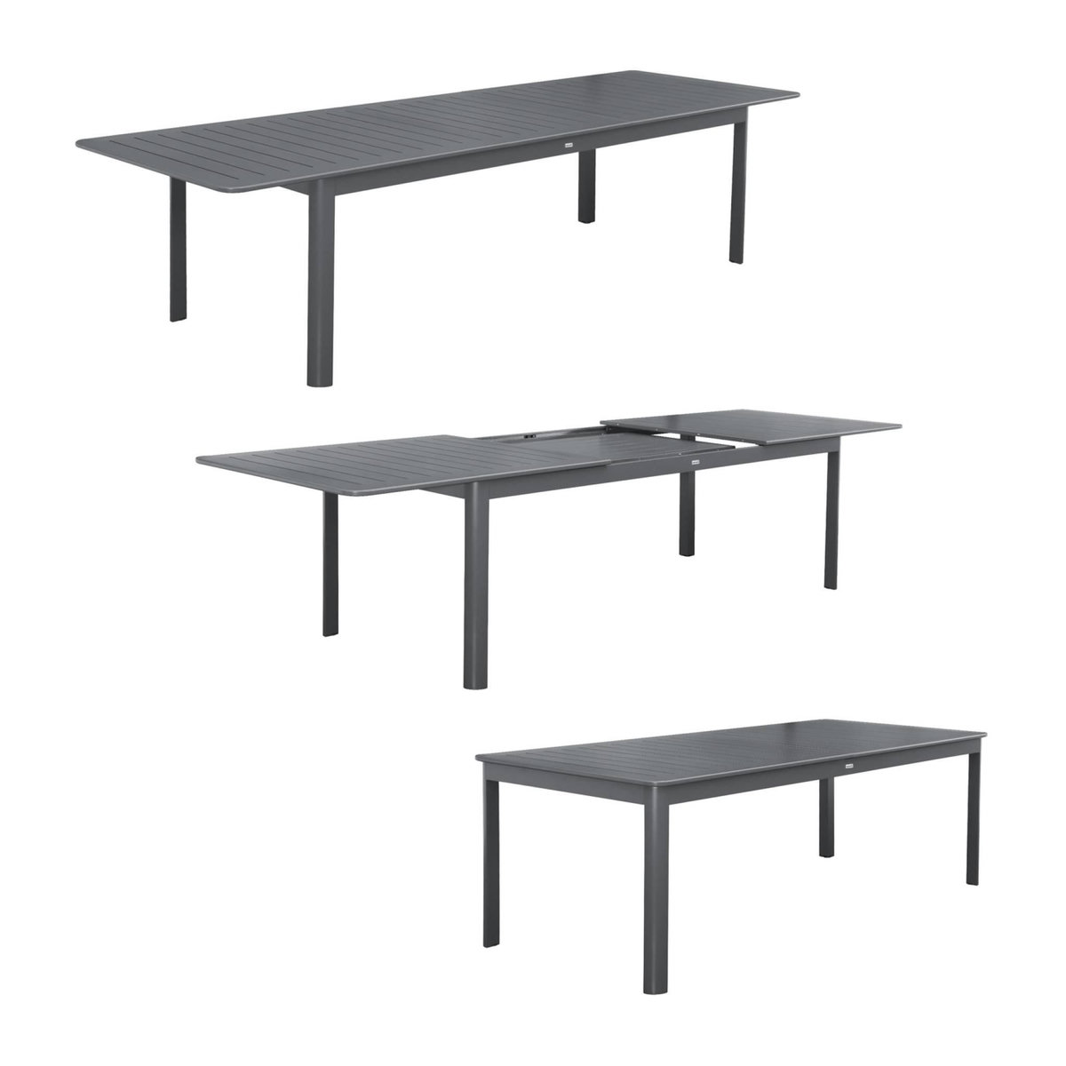 SWEEEK Table de jardin extensible aluminium + 10 assises aluminium et textilène anthracite. 8 chaises. 2 fauteuils. 10 places. 290 x 100 x 75 cm