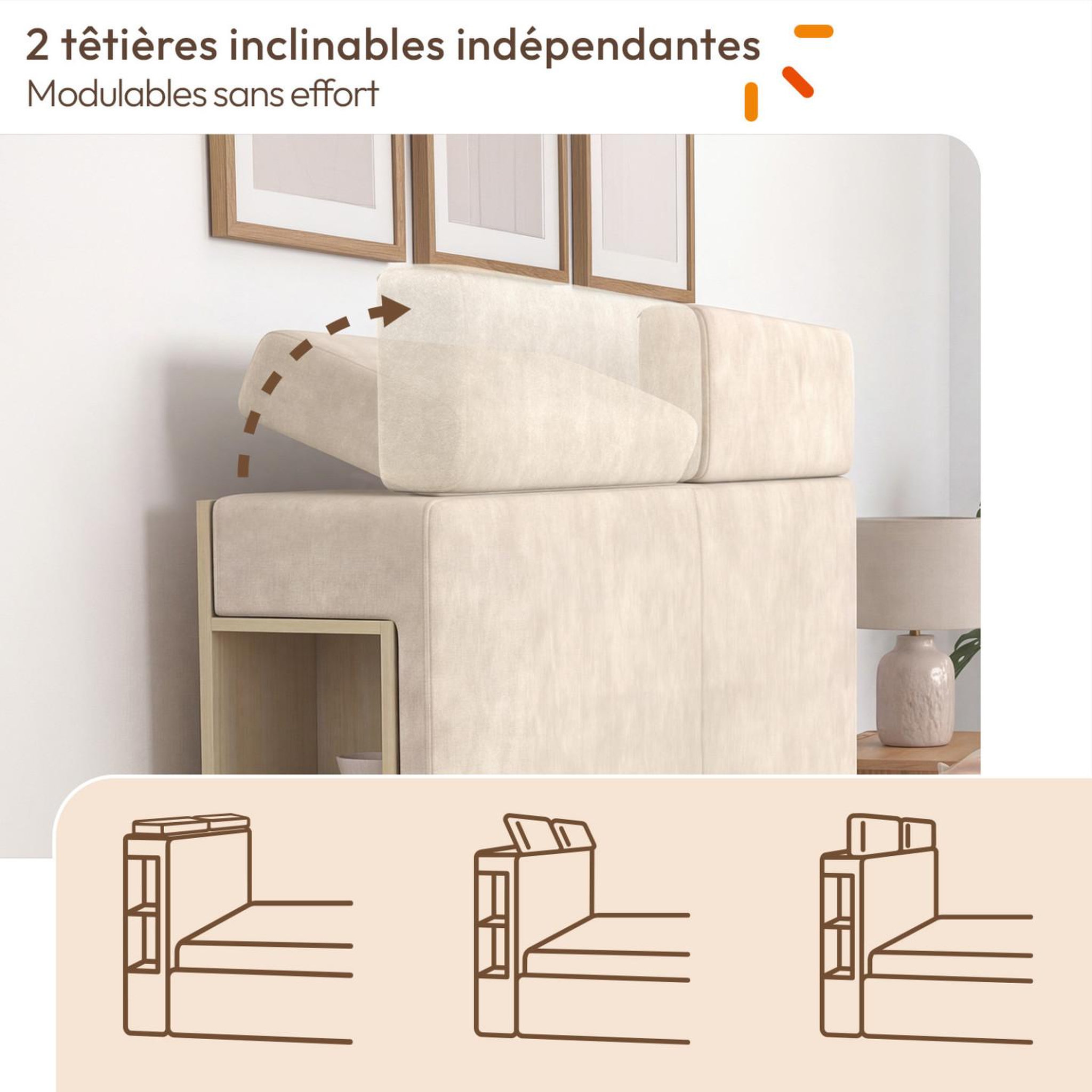 Voir la diapositive 5 : ID MARKET Lit coffre double BASTIAN avec rangements, tête de lit à appuis-tête réglables et sommier 140 x 190 cm velours beige