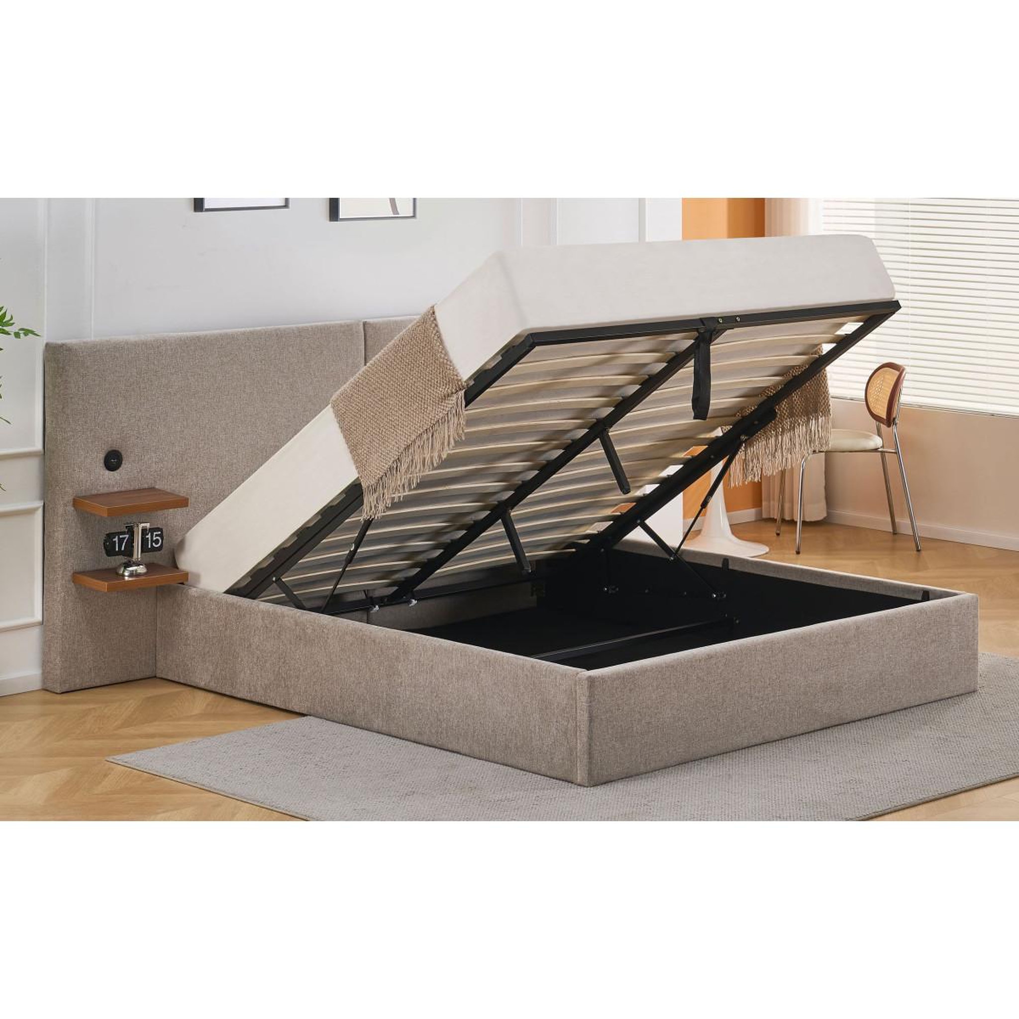 Voir la diapositive 3 : Paris Prix Lit coffre avec tablettes & usb  mike  160x200cm taupe