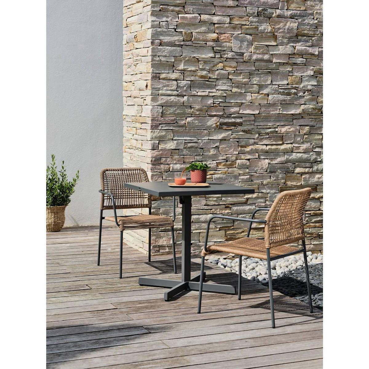 Paris Prix Ensemble Table de jardin & 2 Fauteuils  Louise & Marceau  74cm Anthracite & Marron