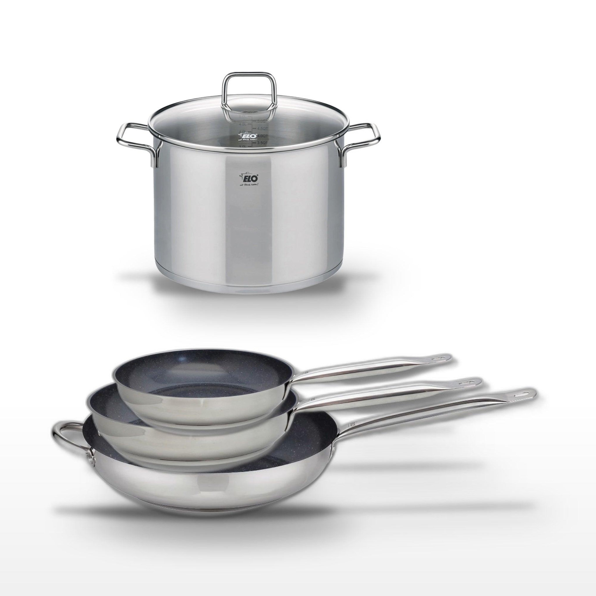 ELO Lot de 3 poêles céramique sans pfas 24/28/32 cm elo profi therm platinum et faitout 26 cm elo citrin