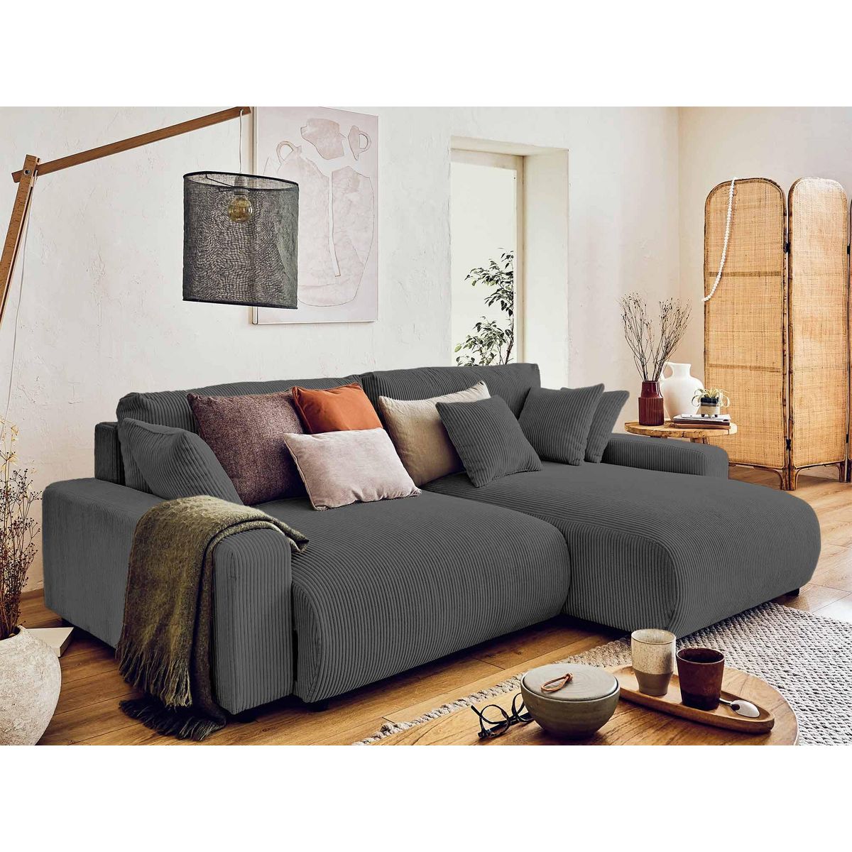 LISA DESIGN Pivoine - canapé d'angle réversible - 4 places - convertible avec coffre - en velours côtelé