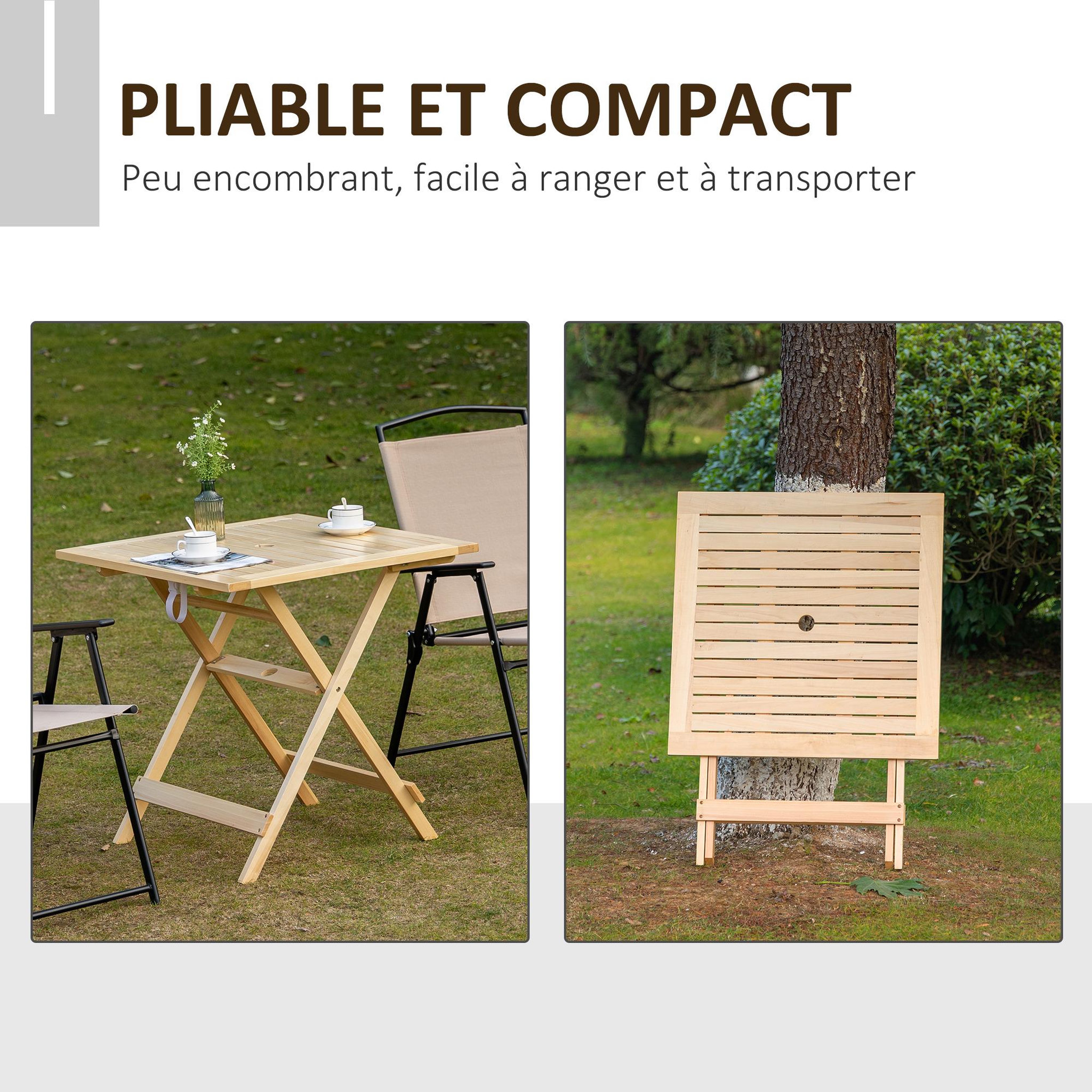 Voir la diapositive 6 : OUTSUNNY Table de jardin camping pliable plateau à lattes dim. 70L x 70l x 70H cm espace parasol bois sapin pré-huilé
