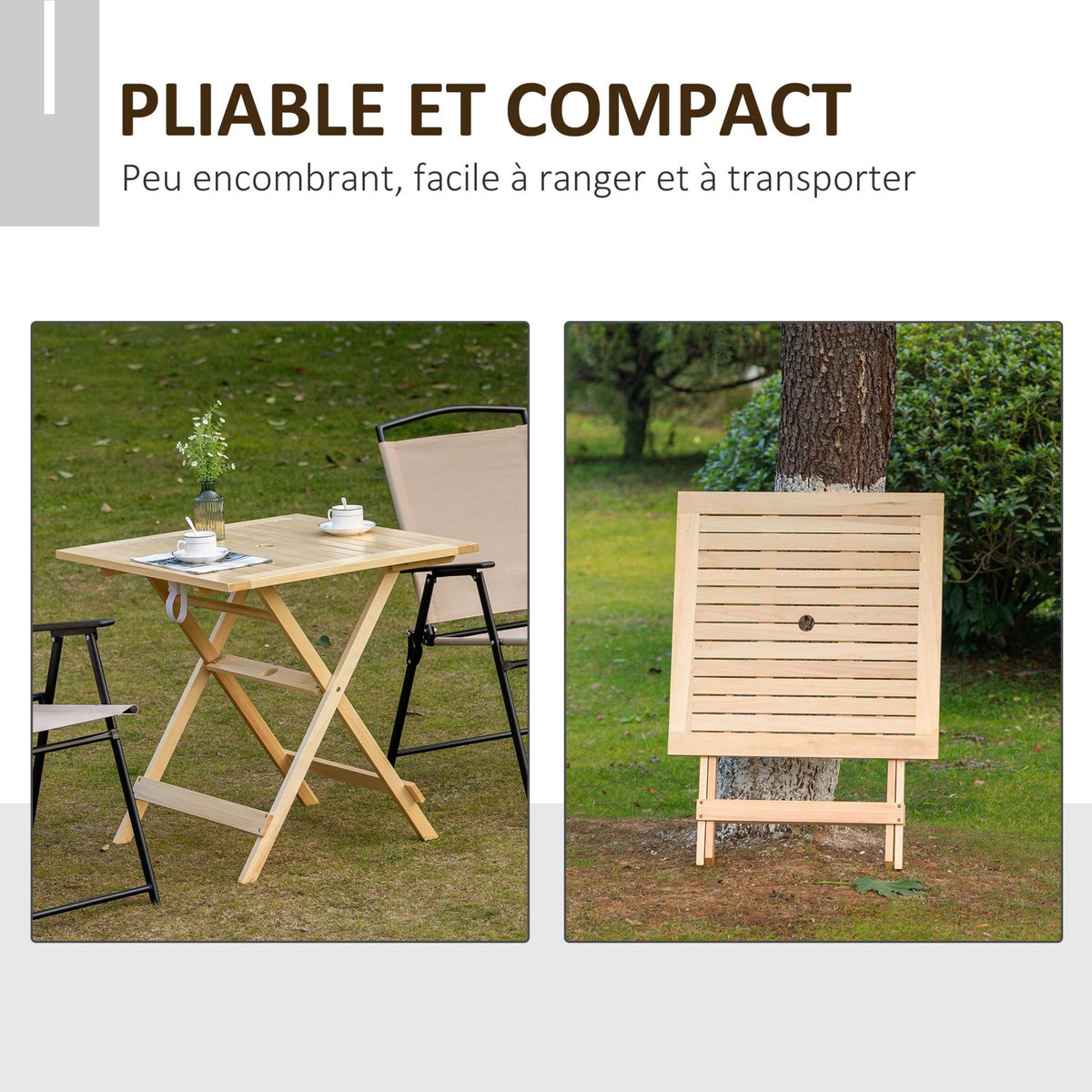 OUTSUNNY Table de jardin camping pliable plateau à lattes dim. 70L x 70l x 70H cm espace parasol bois sapin pré-huilé