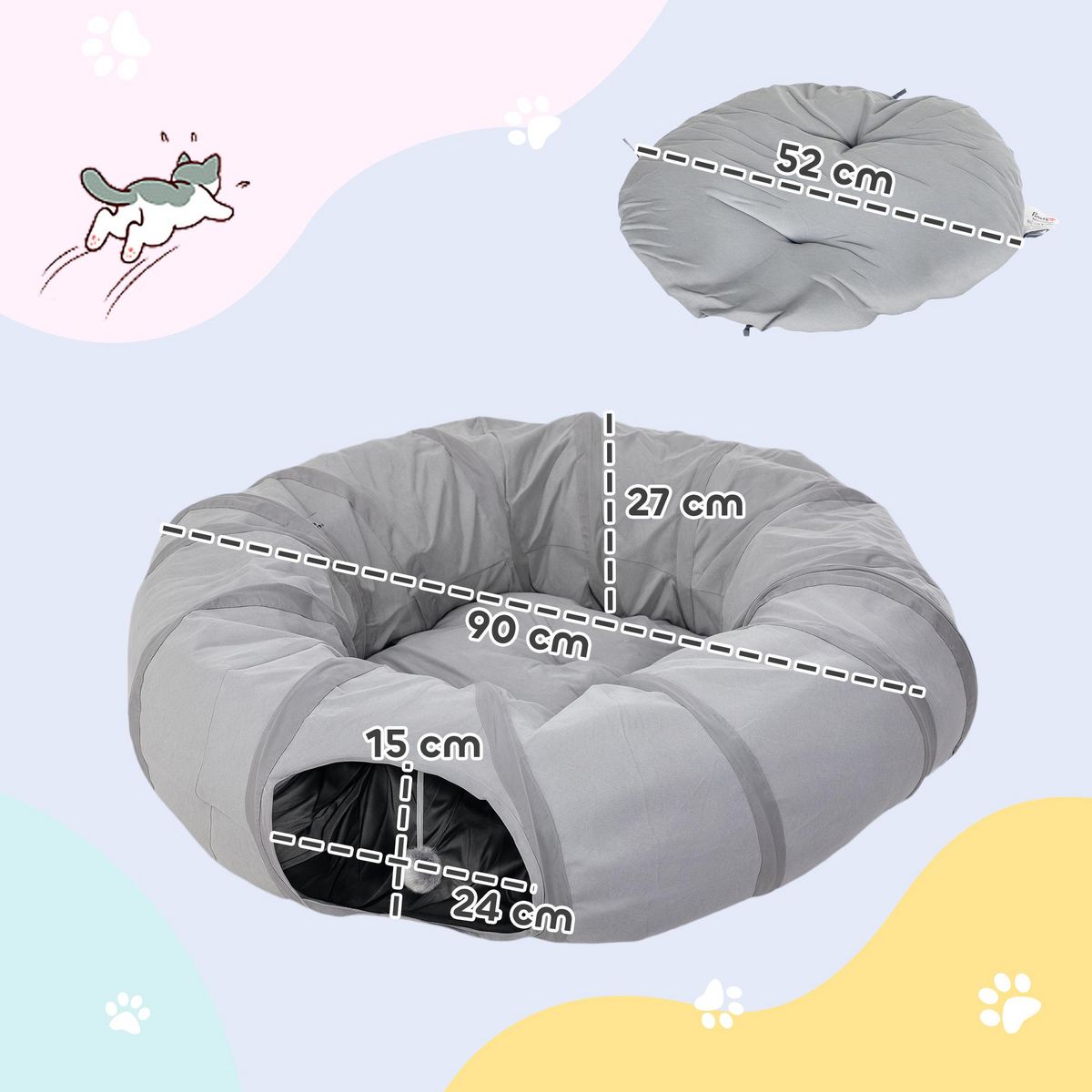 PAWHUT Tunnel pour chat intérieur - fonction lit pliable avec coussin et jeu balle suspendue - gris