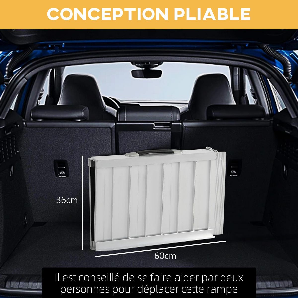 HOMCOM Rampe de fauteuil roulant rampe de chargement rampe d'accès antidérapante pliable avec bordures de sécurité max. 270 Kg alu. noir