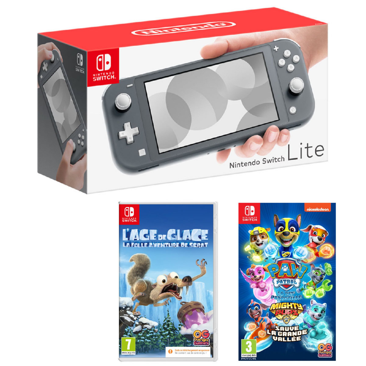 NINTENDO Console Nintendo Switch Lite Grise + L'âge de Glace : La folle Aventure de Scrat Code de téléchargement + Pat? Patrouille : La Super Patrouille Sauve la Grande Vallée code de téléchargement 