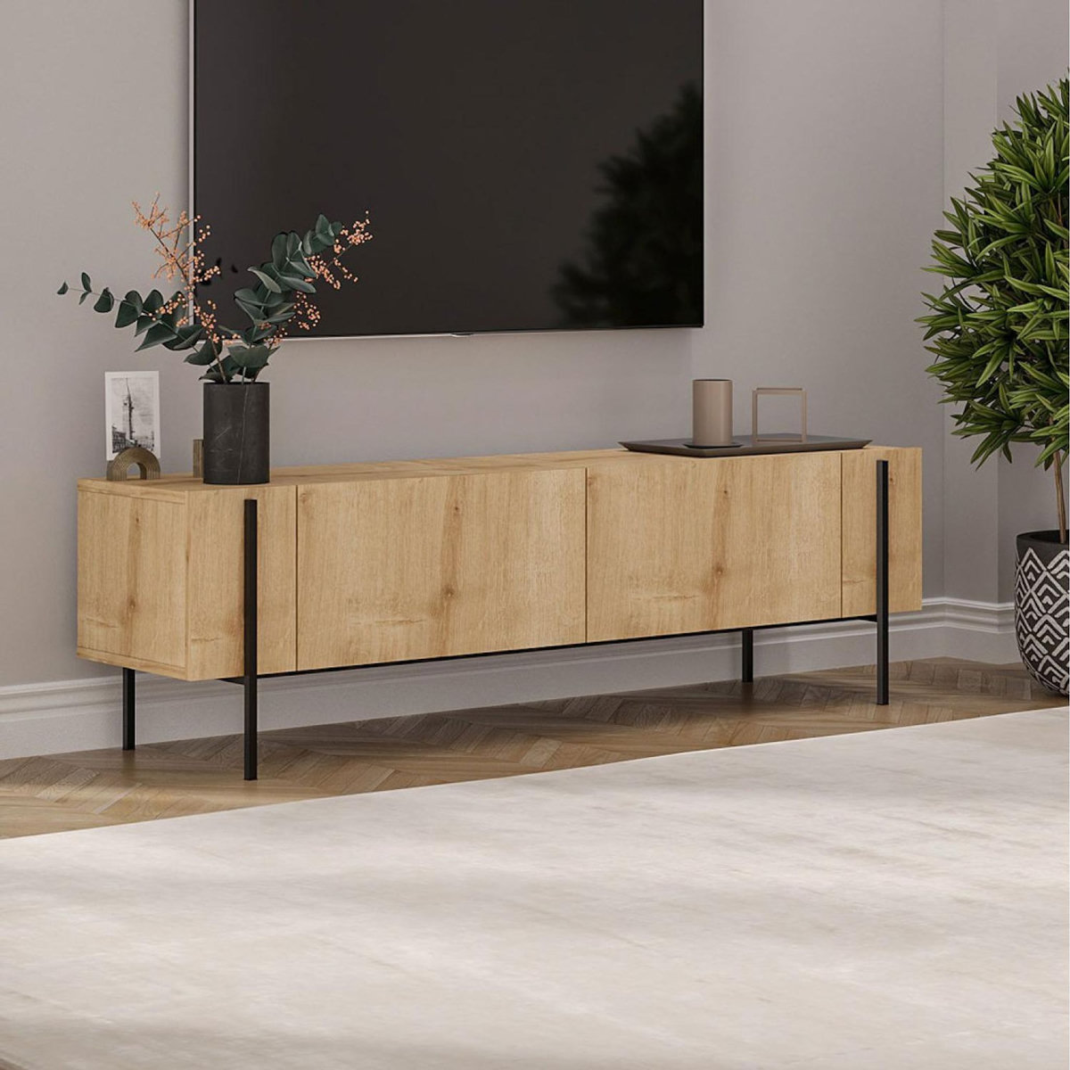 CONCEPT USINE Meuble TV avec placards bois et détails noirs 160cm FRENA