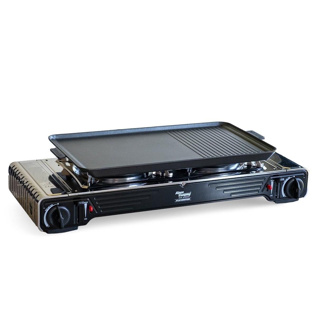 ALPENTECH Réchaud 2 feux Inox 4400W + Plaque Grill Plancha 2en1 Thermocouple Intérieur / Extérieur ALPEN CAMPING