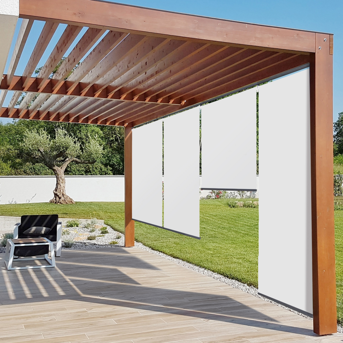 ID MARKET Lot de 2 stores enrouleurs L.124 x H. 225 CM pour pergola blanc