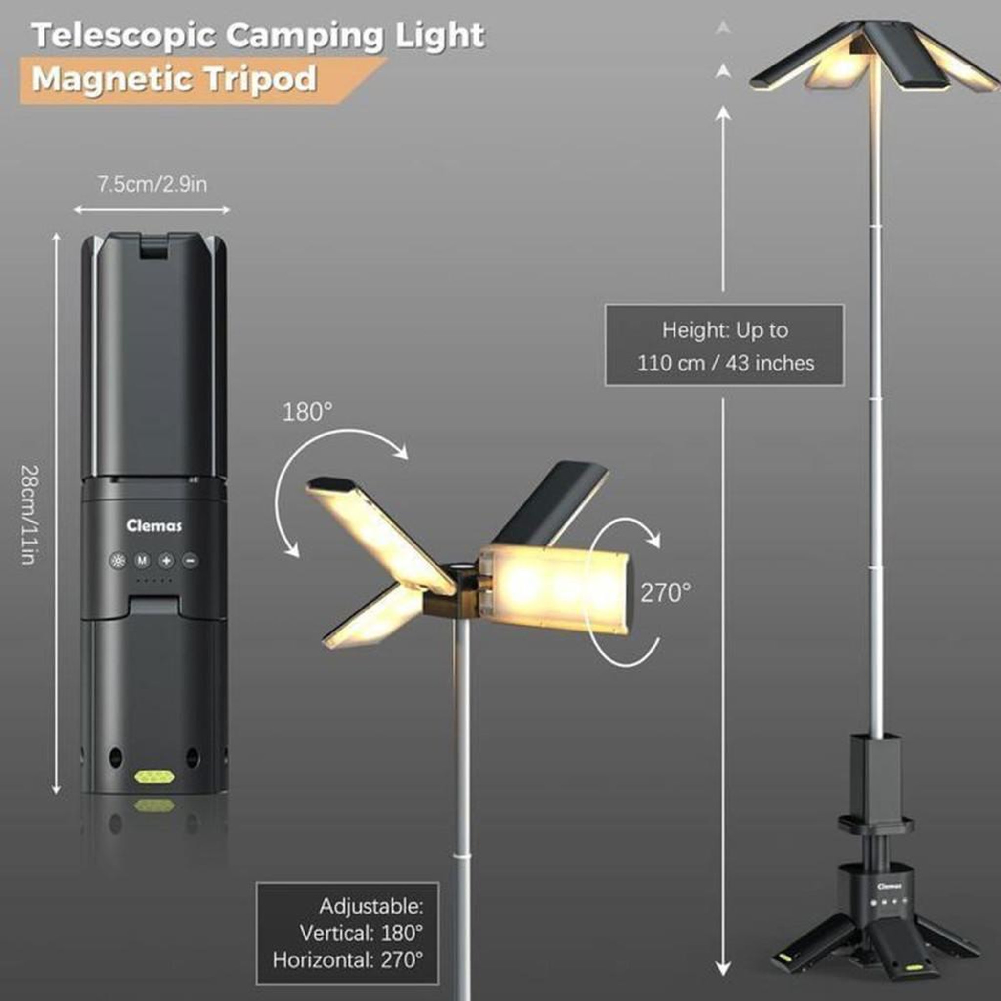 Voir la diapositive 2 : Lanternes de camping télescopique rechargeable 14 000 mAh 6 000 lm, étanche, noir, trépied magnétique (285 à 1100 mm)