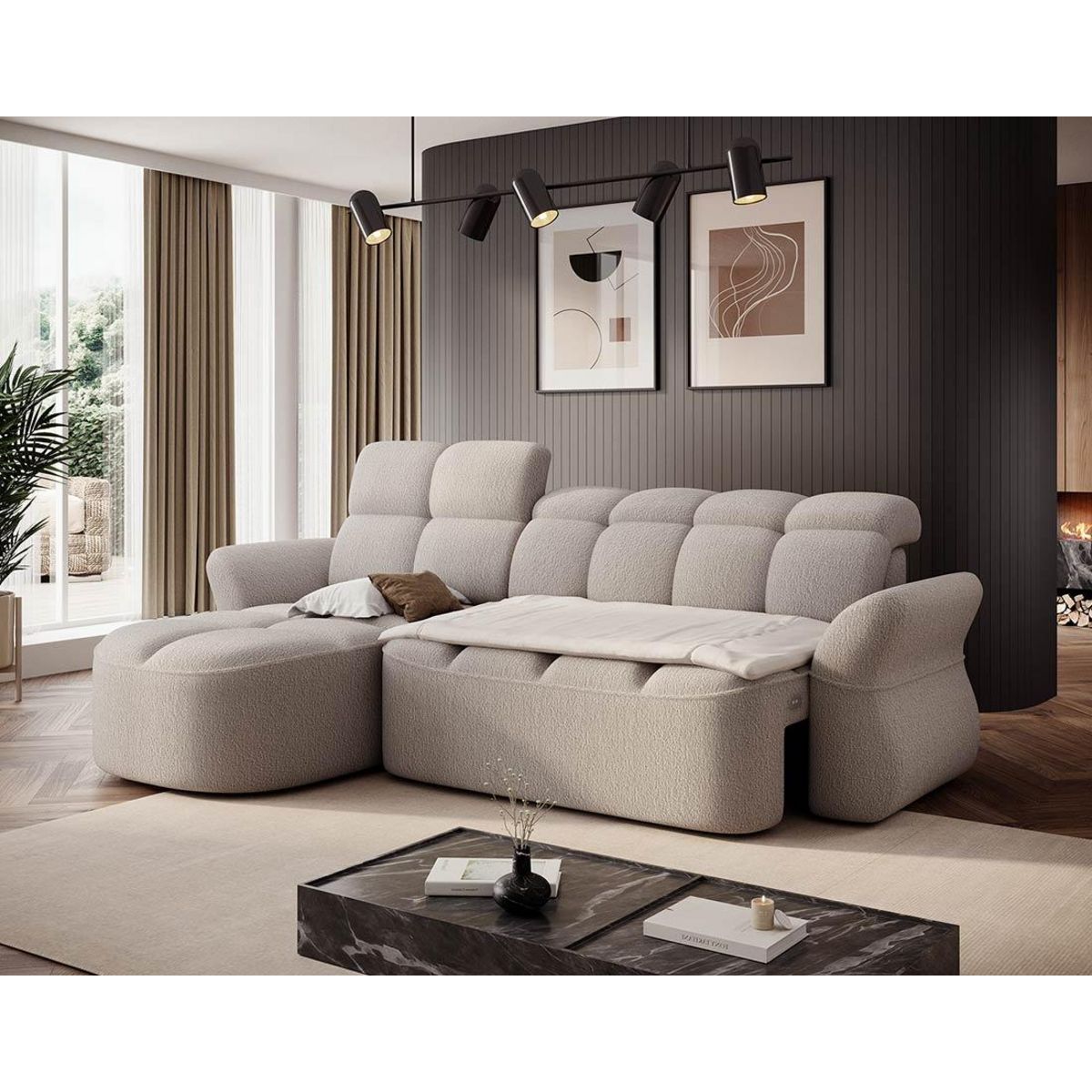 BEST MOBILIER Brume - canapé d'angle gauche 4 places convertible électrique avec coffre et têtières réglables en tissu bouclette