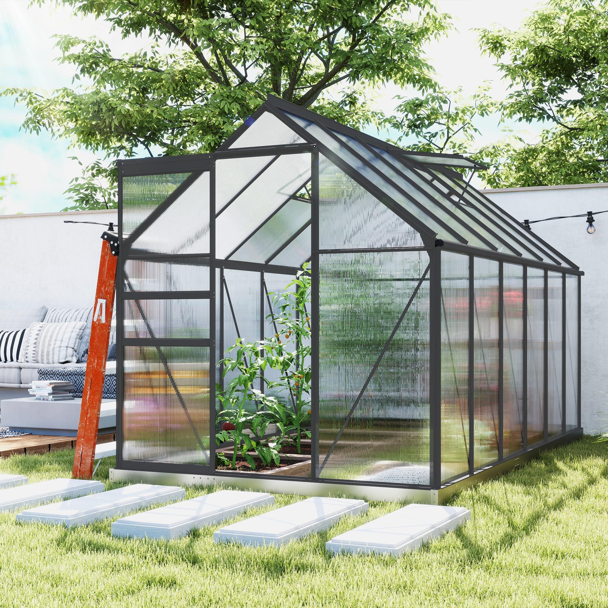 Voir la diapositive 4 : OUTSUNNY Serre de jardin polycarbonate alu 7 m² dim. 3,75l x 1,9l x 1,99h m lucarne réglable fondation porte coulissante gris
