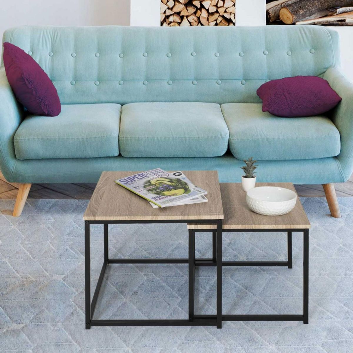 ID MARKET Lot de 2 tables basses gigognes DETROIT 40/45 design industriel