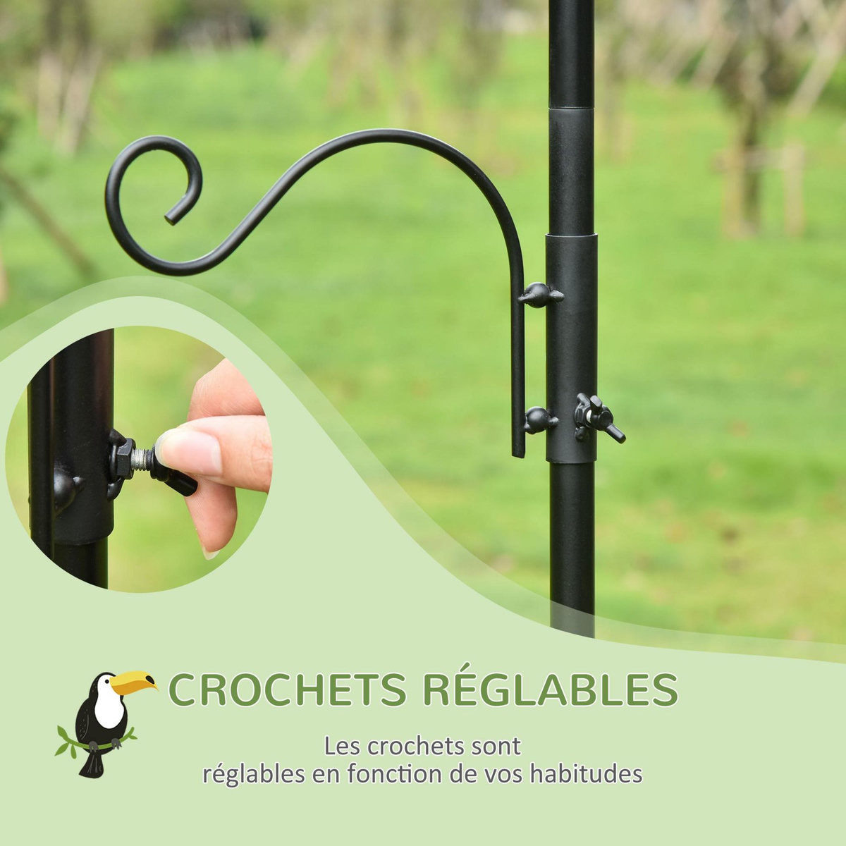 PAWHUT Mangeoire à oiseaux H.2,08 m style rustique chic 4 crochets 2 réglables 4 piquets d'ancrage au sol acier époxy aspect fer forgé