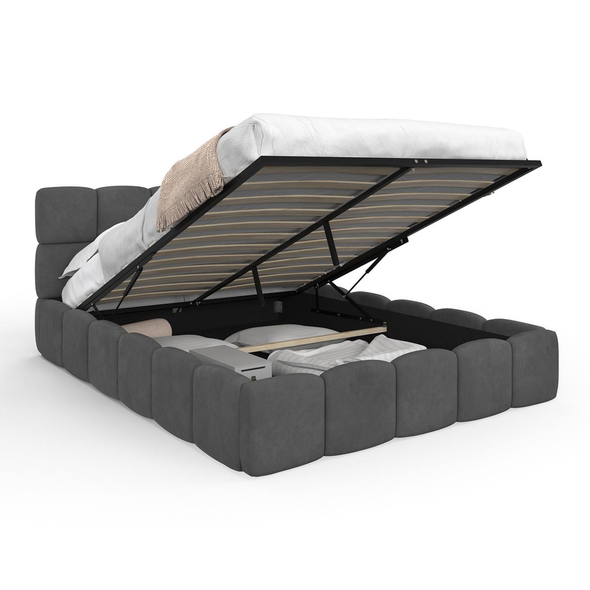 ID MARKET Lit coffre double nuage avec tête de lit matelassée et sommier 140 x 190 cm velours gris