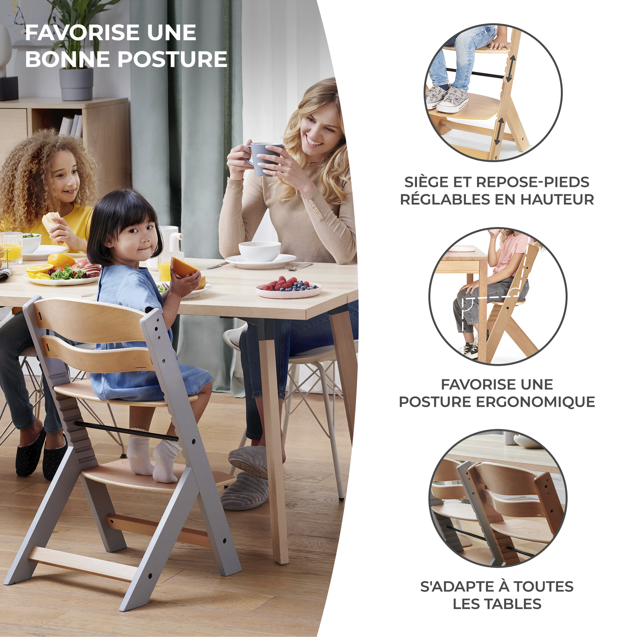 Voir la diapositive 4 : KINDERKRAFT Chaise haute evolutive bois coussin assise reglab