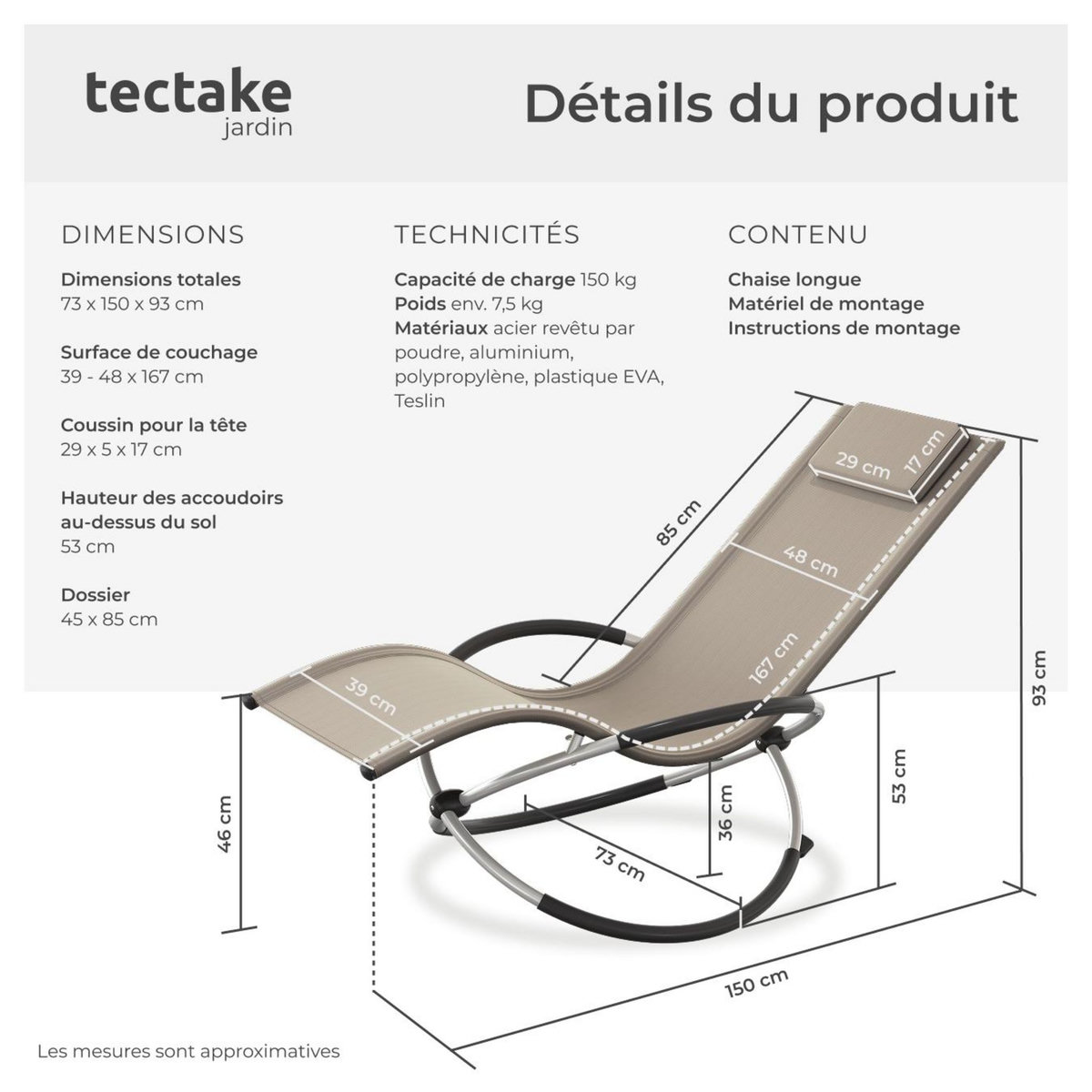tectake Bain de soleil avec textilène beige