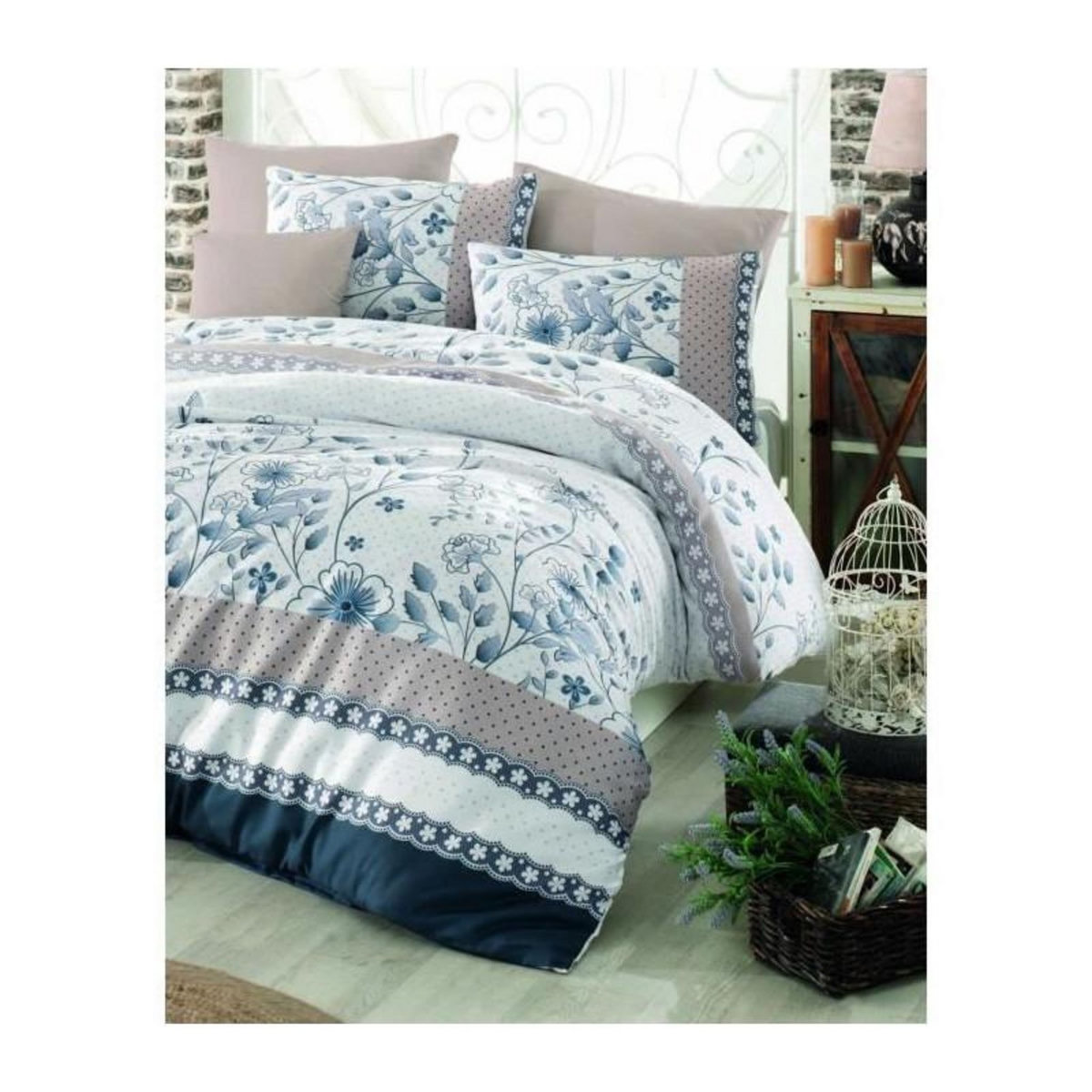 GENERIQUE Parure de lit - 1 housse de couette 220 x 240 cm + 2 taies d'oreiller 60 x 60 cm - 100% coton renforcé - Bleu