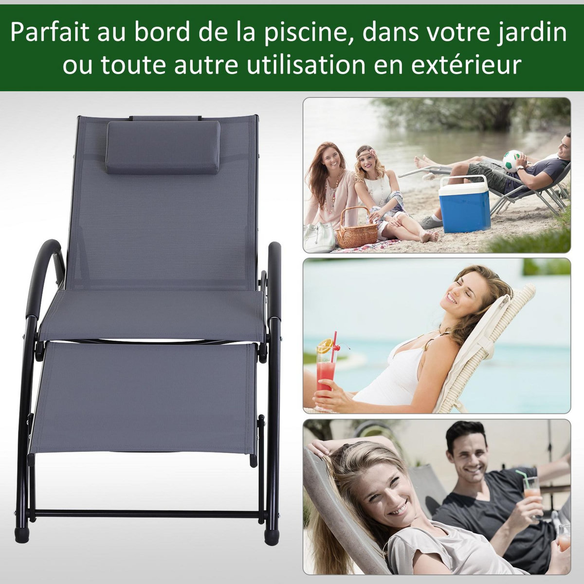 OUTSUNNY Bain de soleil transat design contemporain inclinable multi-positions repose-pied réglable tétière incluse alu textilène gris