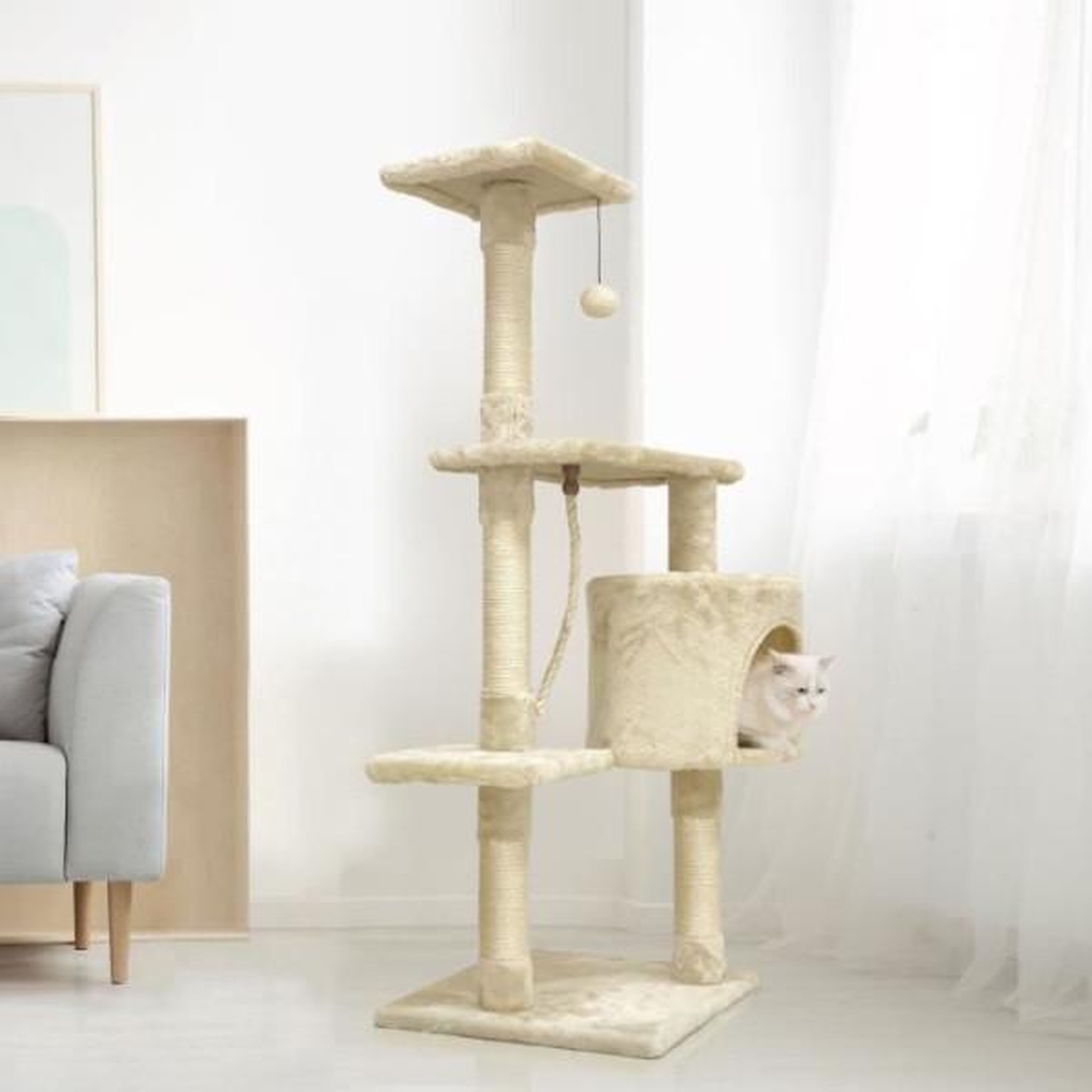 Voir la diapositive 2 : MARKET24 PALOMA Arbre a chat beige 40 x 40 x 114cm - 3 plateformes, 1 corde, 1 niche , poteaux a griffer