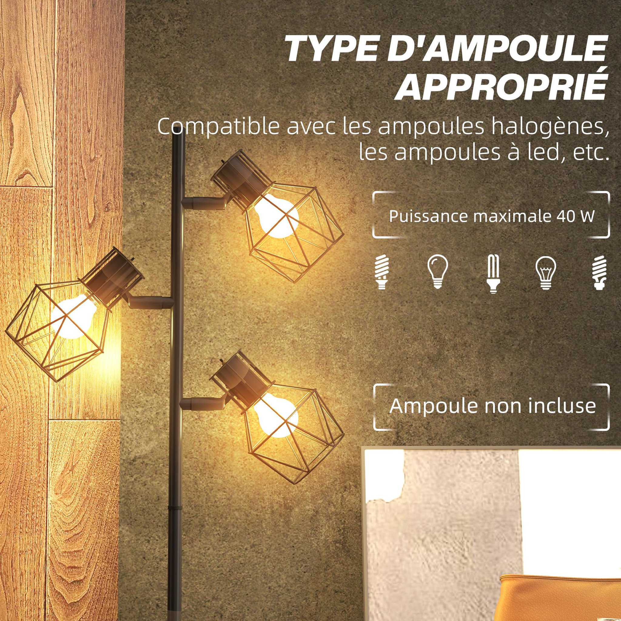 Voir la diapositive 6 : HOMCOM Lampadaire design industriel 3 ampoules max. 40w h.169 cm abat-jour cage métal noir