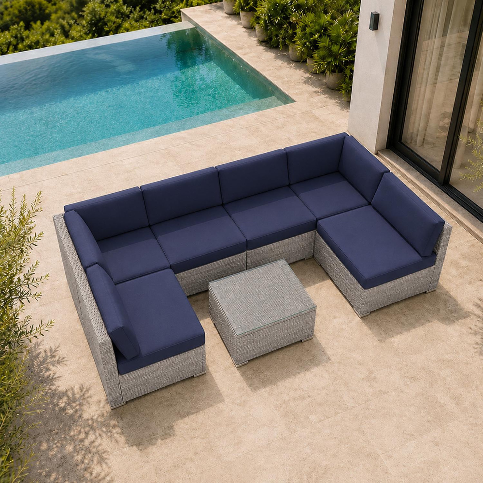 Voir la diapositive 6 : CONCEPT USINE Salon de jardin 6 places modulable en résine tressée gris et bleu qamea