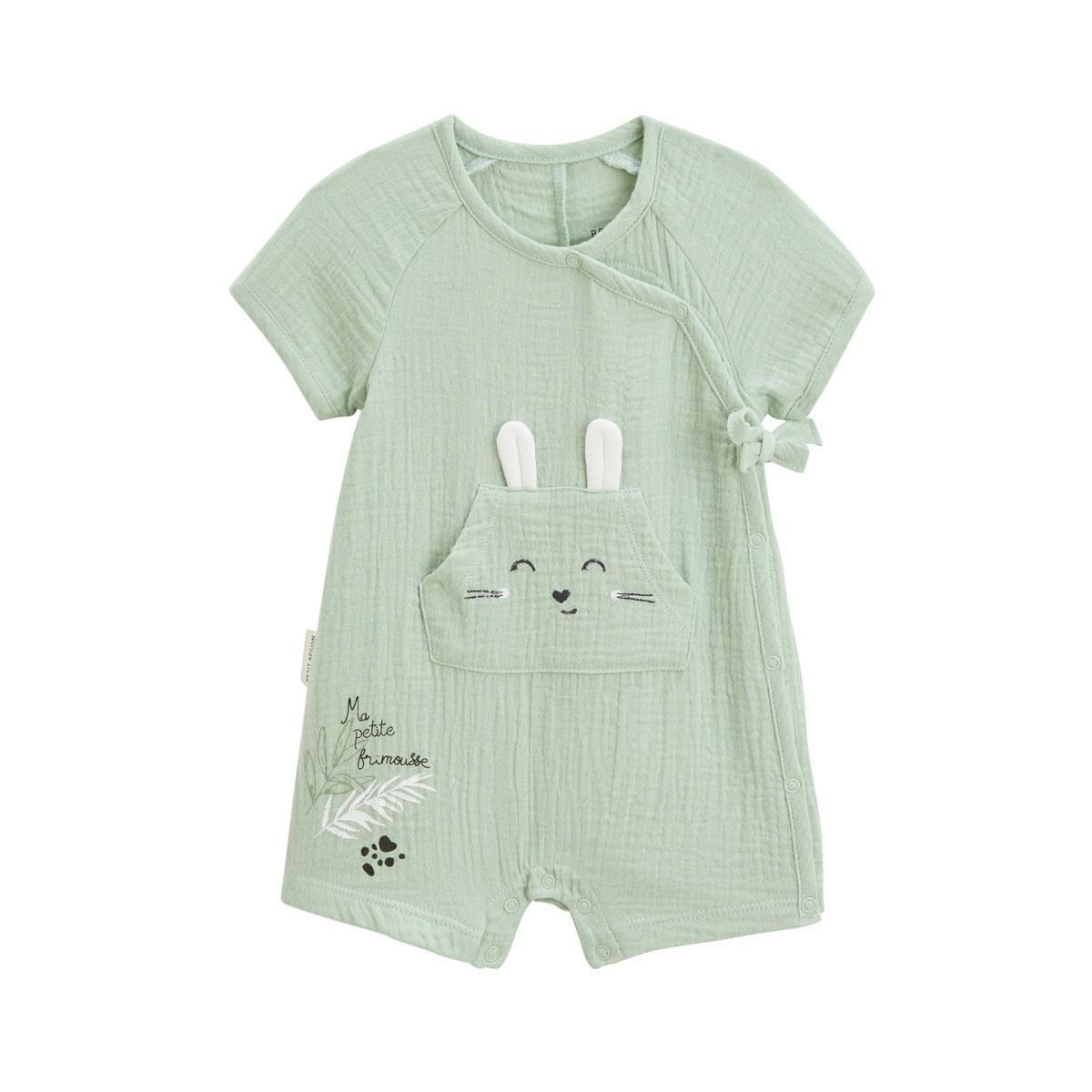 Petit Béguin Barboteuse bébé en gaze de coton ouverture croisée Frimousse