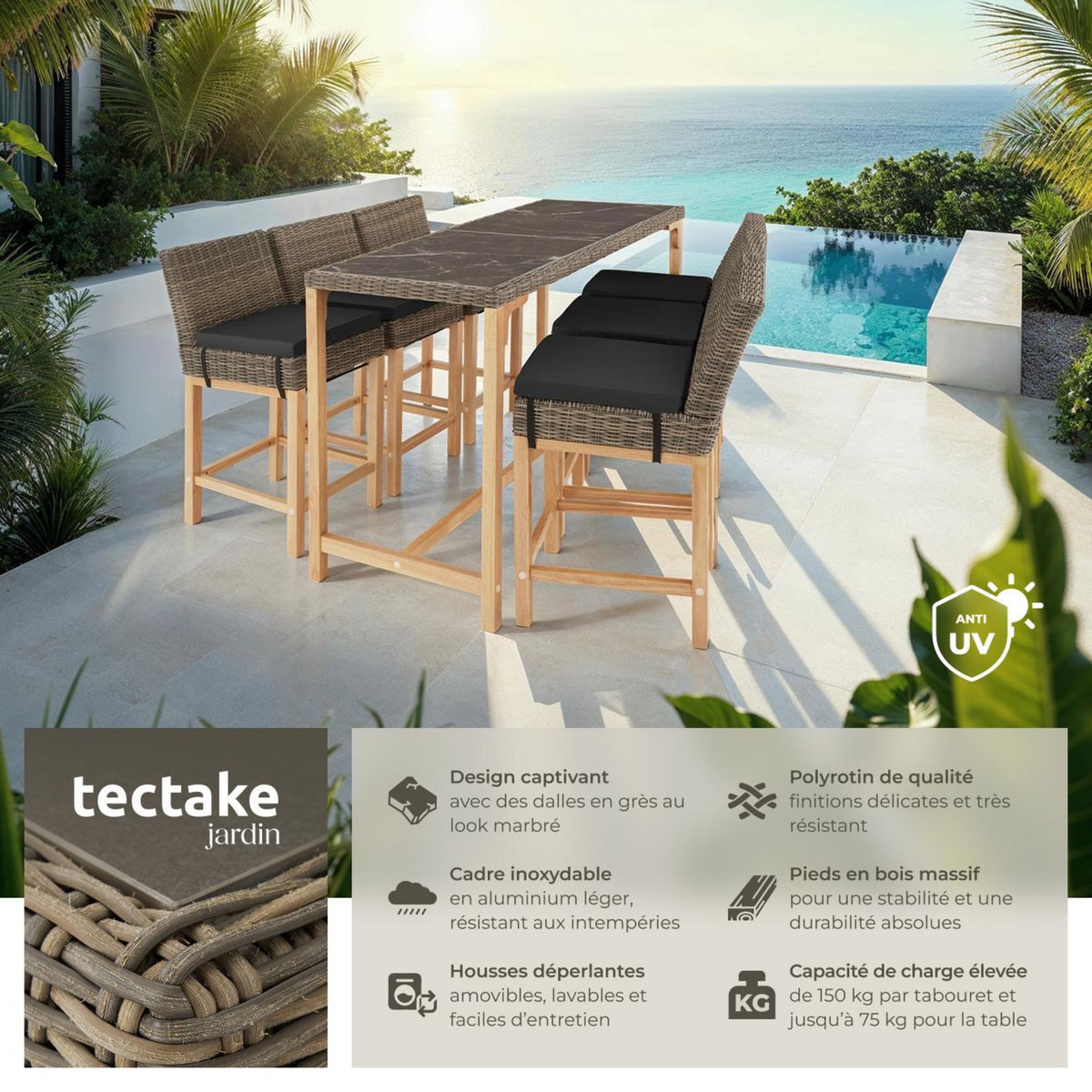 tectake Ensemble table en rotin avec 6 chaises avec cadre en aluminium marron naturel