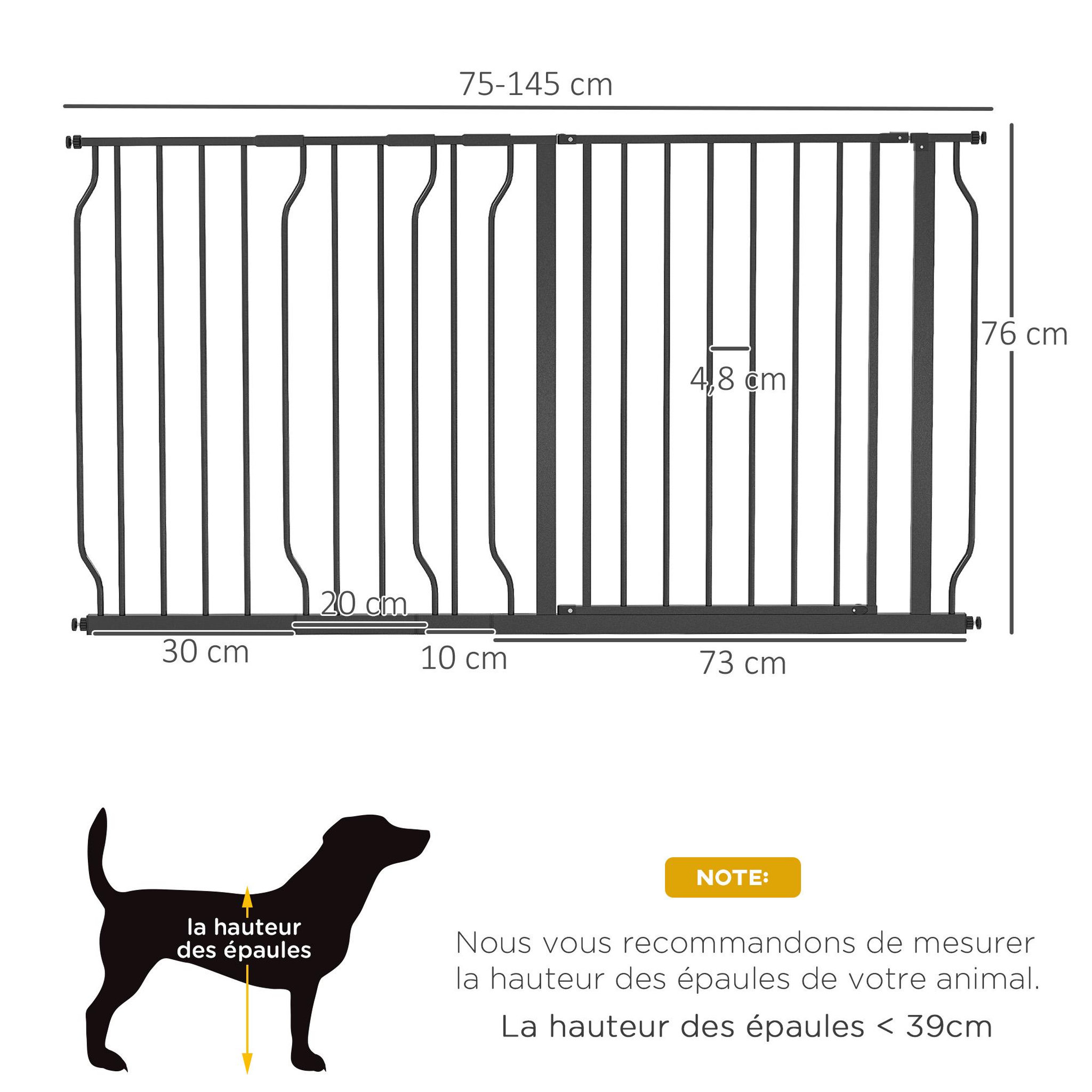 Voir la diapositive 3 : PAWHUT Barrière de sécurité animaux - longueur réglable dim. 75-145 cm - porte double verrouillage, ouverture double sens -sans perçage - acier abs noir
