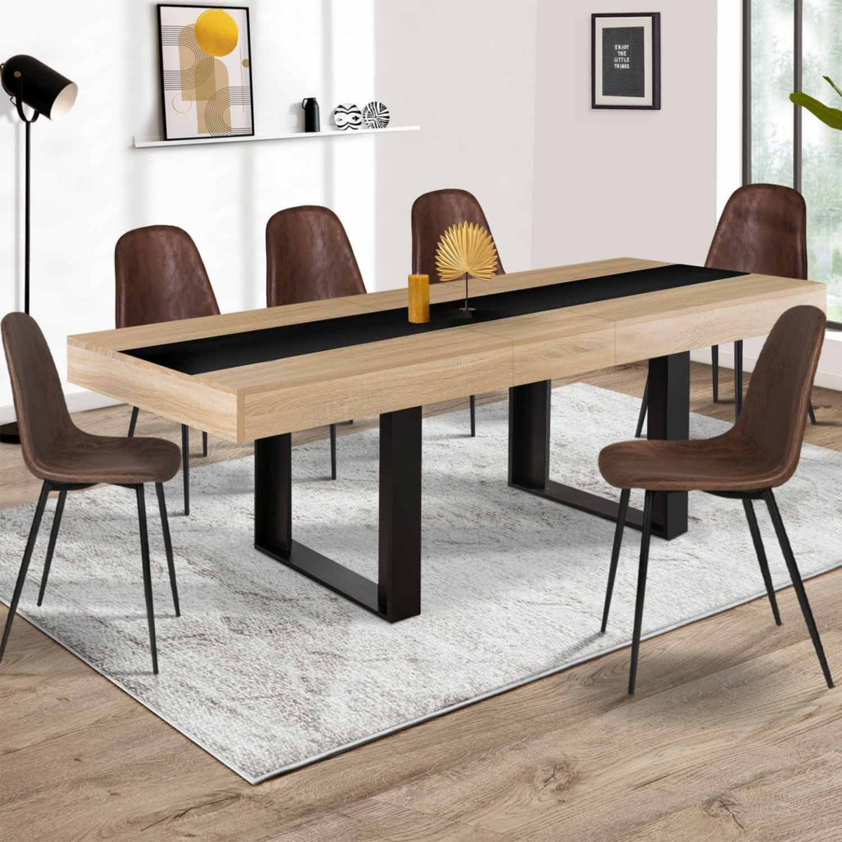 ID MARKET Table à manger extensible rectangle PHOENIX 4-8 personnes bois et noir bande centrale noire 160-200 cm