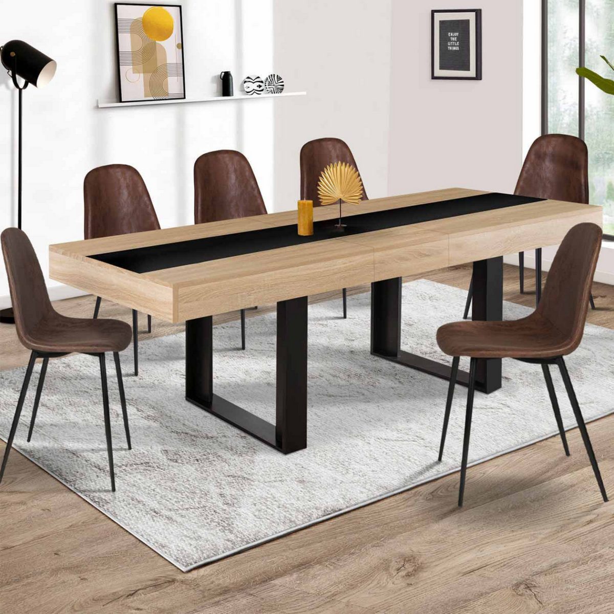 ID MARKET Table à manger extensible rectangle PHOENIX 4-8 personnes bois et noir bande centrale noire 160-200 cm