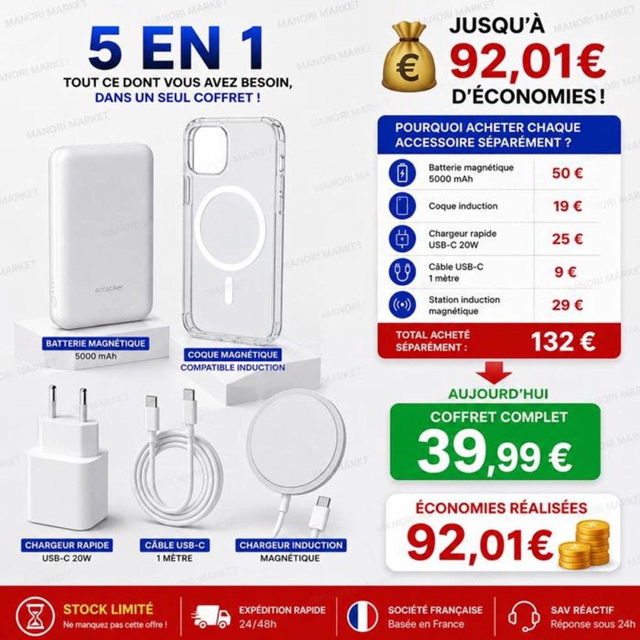 Voir la diapositive 6 : Coffret accessoires MagSafe 5 en 1 pour iPhone 13 Pro Max : batterie sans fil 5000 mAh, coque transparente, chargeur induction, adaptateur 20 W et câble USB