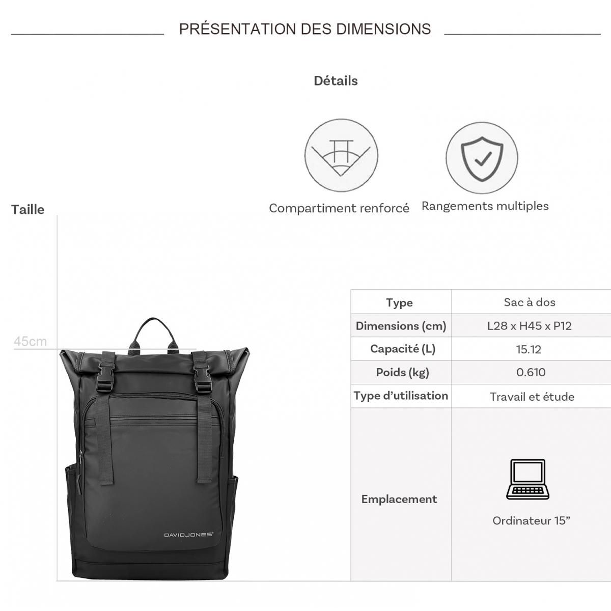 David Jones Sac à dos porte-ordinateur 15