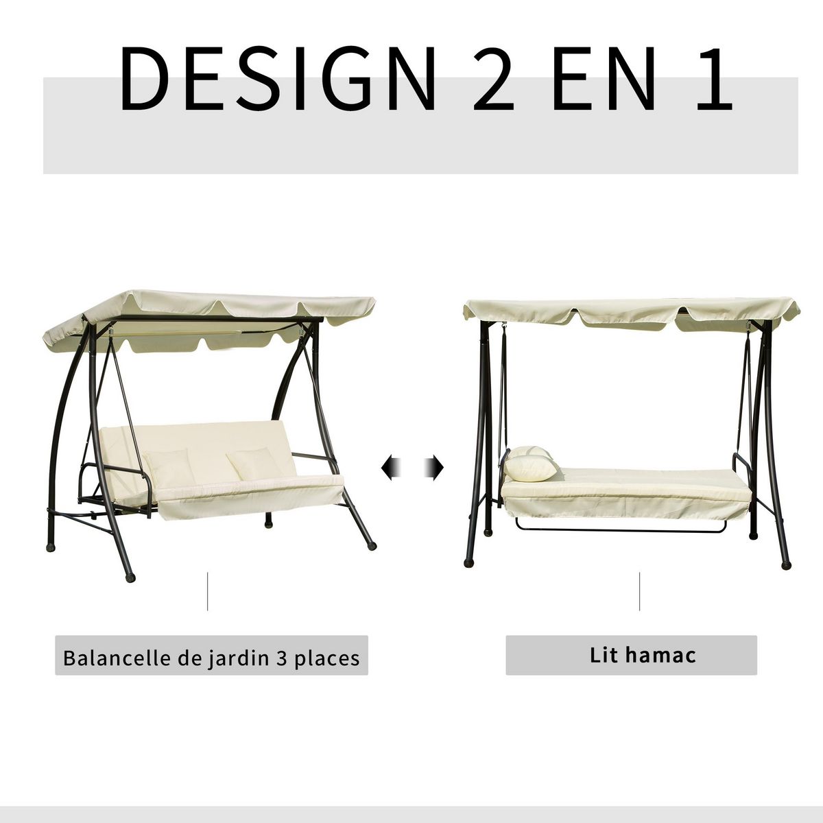 OUTSUNNY Balancelle de jardin convertible 3 places grand confort inclinaison toit réglable matelas et coussins fournis 2L x 1,25l x 1,7H m métal polyester noir et crème