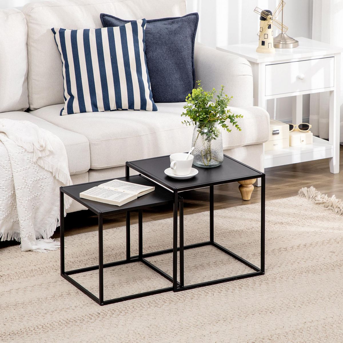 HOMCOM Lot de 2 tables basses gigognes carrées design contemporain encastrable acier noir