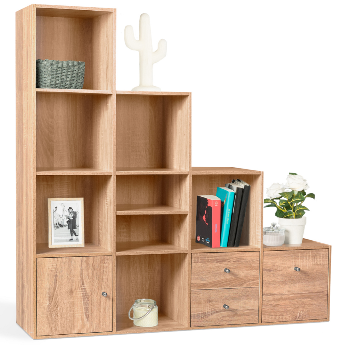 ID MARKET Meuble de rangement en escalier LIAM 4 niveaux bois façon hêtre avec porte et tiroirs