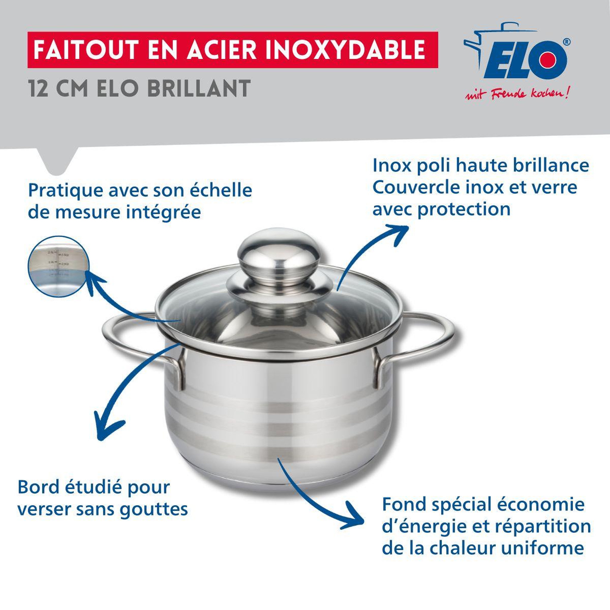 Voir la diapositive 3 : ELO Faitout 12 cm en acier inoxydable sans PFAS Elo Brillant